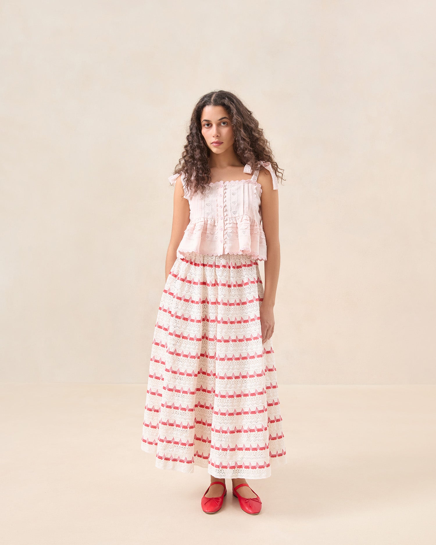 Janey Cream & Red Lace Skirt - Women's Elegant Floral Embroidered Midi Skirt for Party, Wedding & Special Occasions