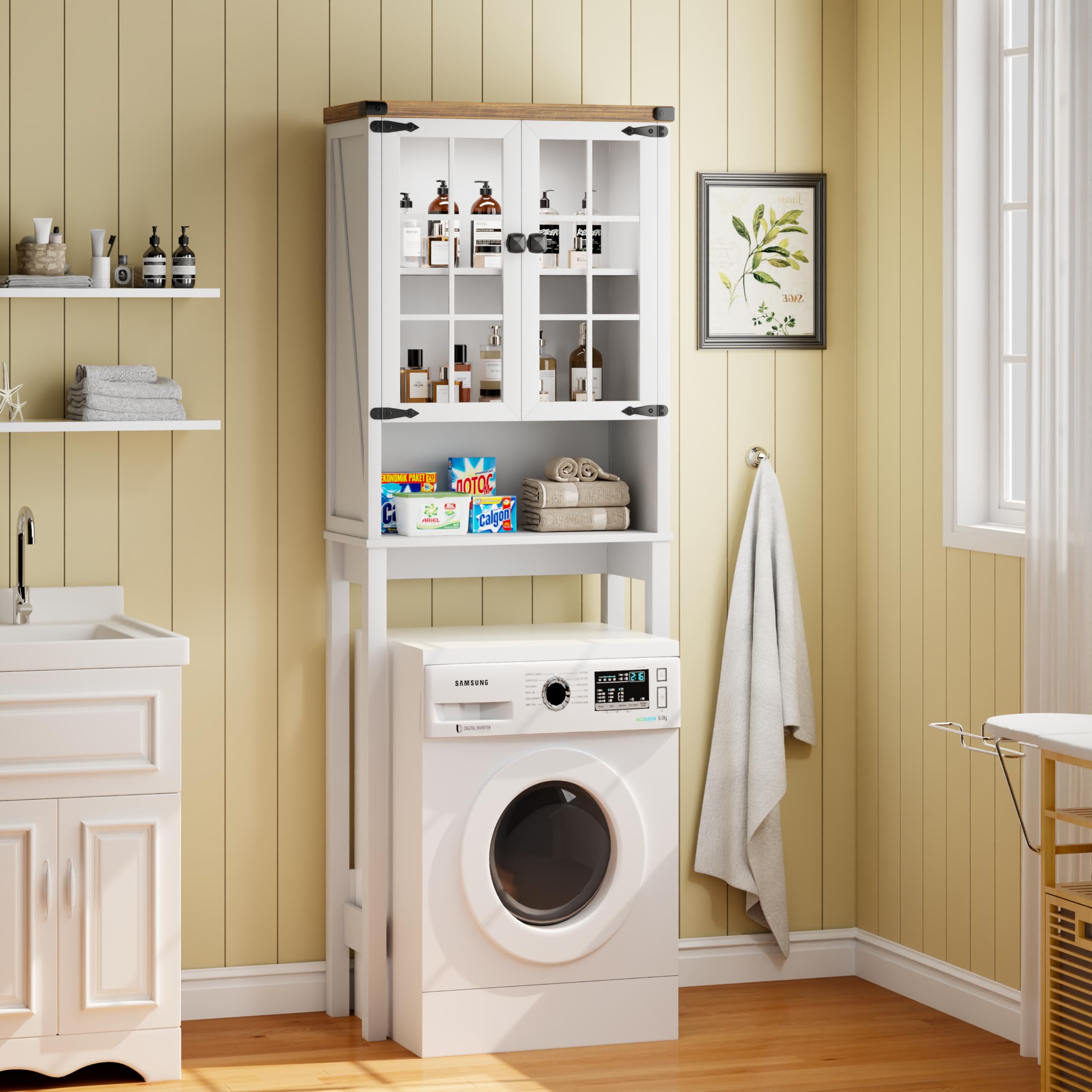 Over The Toilet Storage Cabinet with Shelves & Doors - White Bathroom Organizer with Anti-Tip Design & Ceiling Light - Space Saving Free Standing Toilet Shelf for Bathroom, Bedroom or Laundry Room Organization