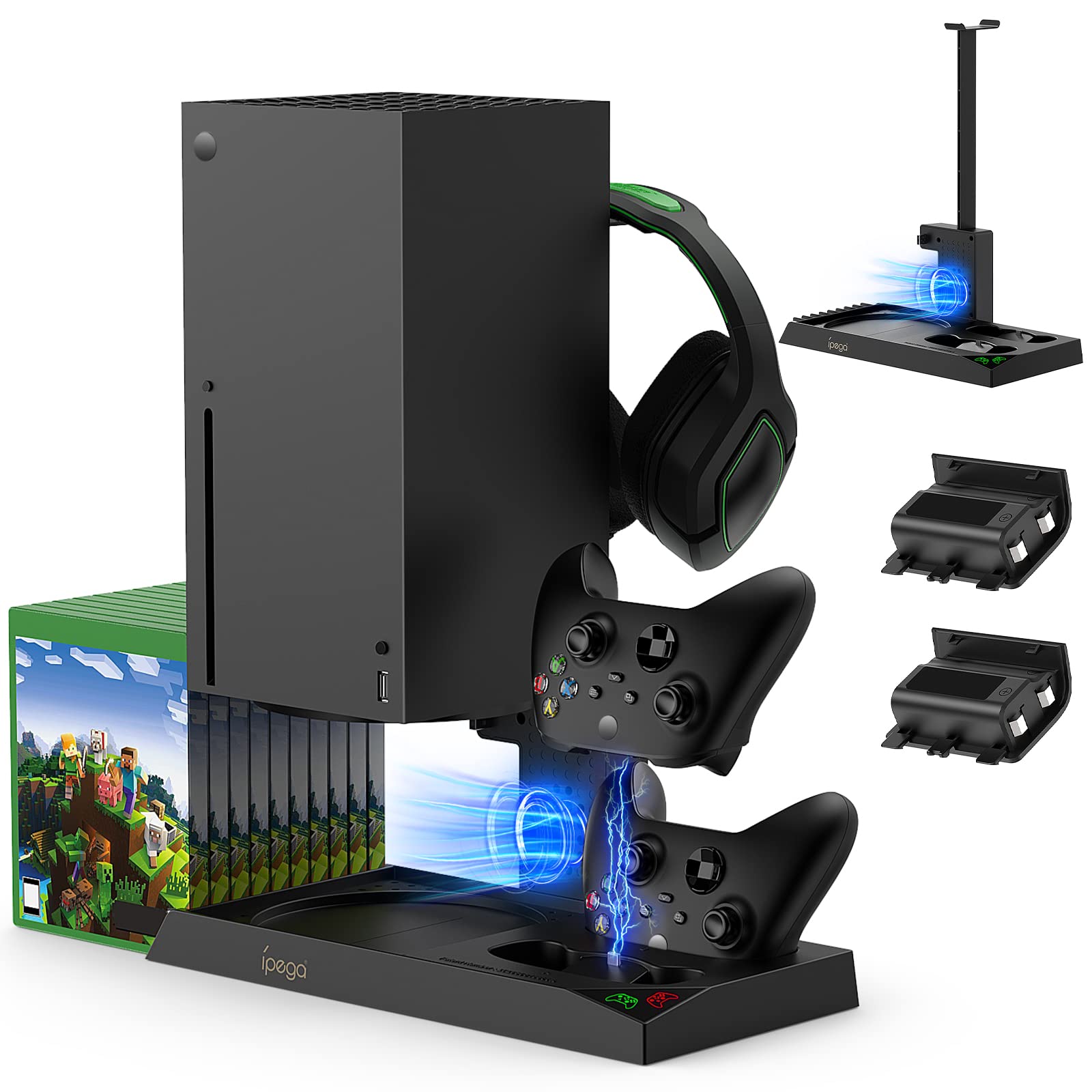 Xbox Series X Vertical Cooling Stand with Dual Controller Charger - Includes 2x 1400mAh Rechargeable Batteries, Game Storage Rack & Headset Holder | Perfect for Gaming Setup & Console Organization