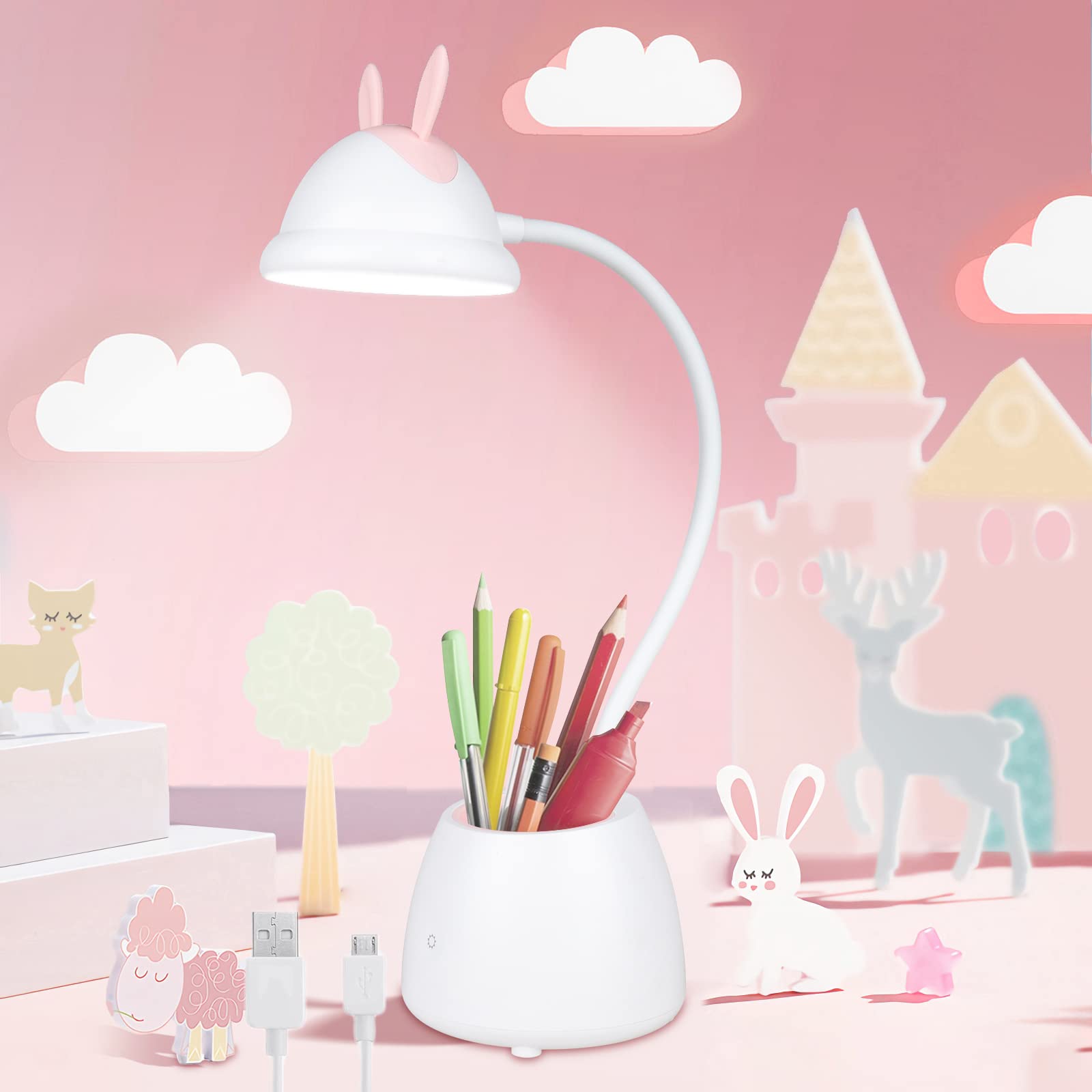 Neporal Rechargeable Touch Control LED Desk Lamp - 3 Brightness Levels, 360° Flexible Gooseneck, Eye-Caring Light for Kids Study, Office & Reading | Cute Rabbit Design with Pen Holder | Perfect for Bedroom, Dorm & Workspace