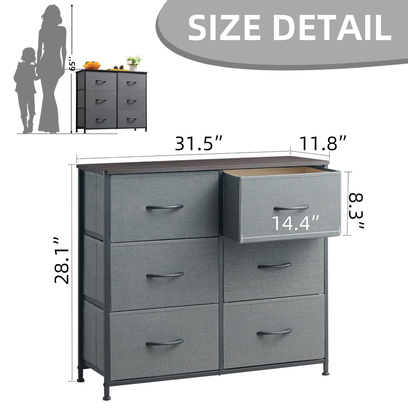 6-Drawer Dresser for Bedroom - 3-Tier Wide Storage Chest with Removable Fabric Bins | Organizer for Closet, Nursery, Living Room & Entryway | Charcoal Grey Dresser for Home & Office Organization