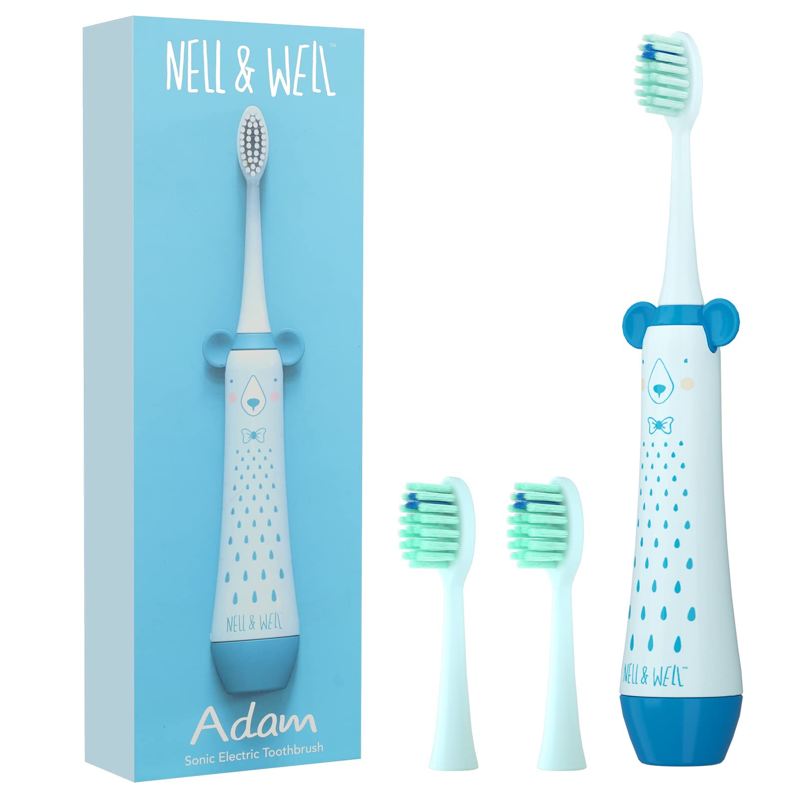 NELL&WELL Kids Sonic Electric Toothbrush with 2 Replaceable Brush Heads - Waterproof Soft Bristle Toothbrush for Toddlers Age 3+, BPA Free (Blue) | Perfect for Daily Oral Care, Travel & Children's Day Gifts