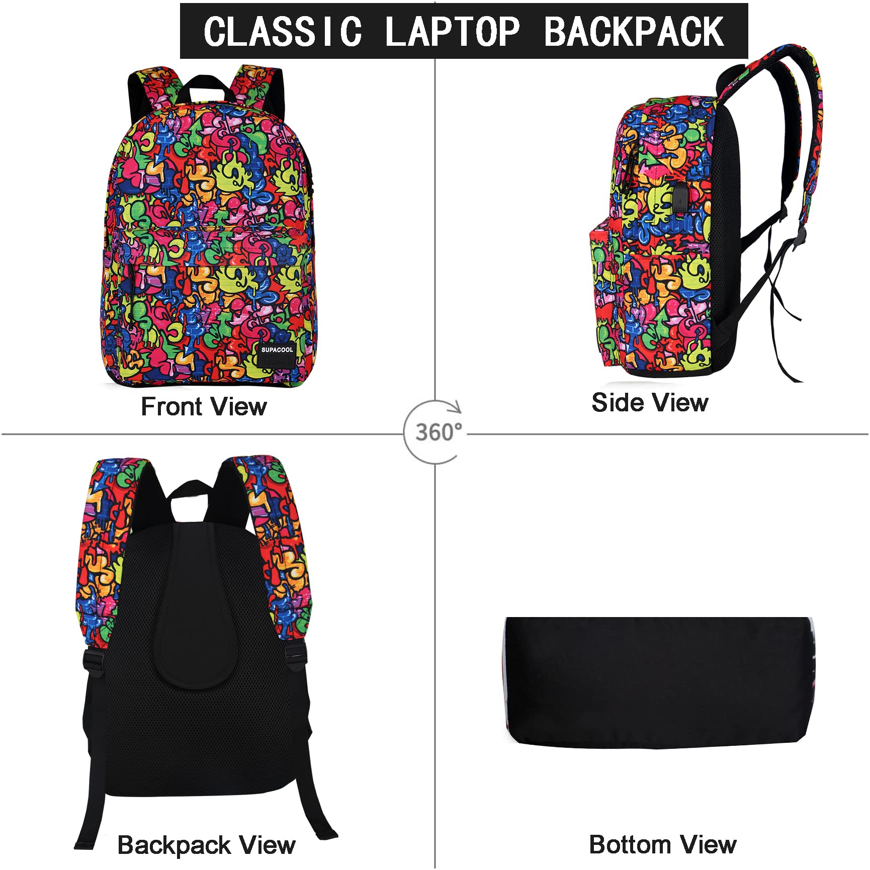 SUPACOOL USB Charging Laptop Backpack - Lightweight College Bag for Men & Women, Graffiti Design - Perfect for Work & Travel