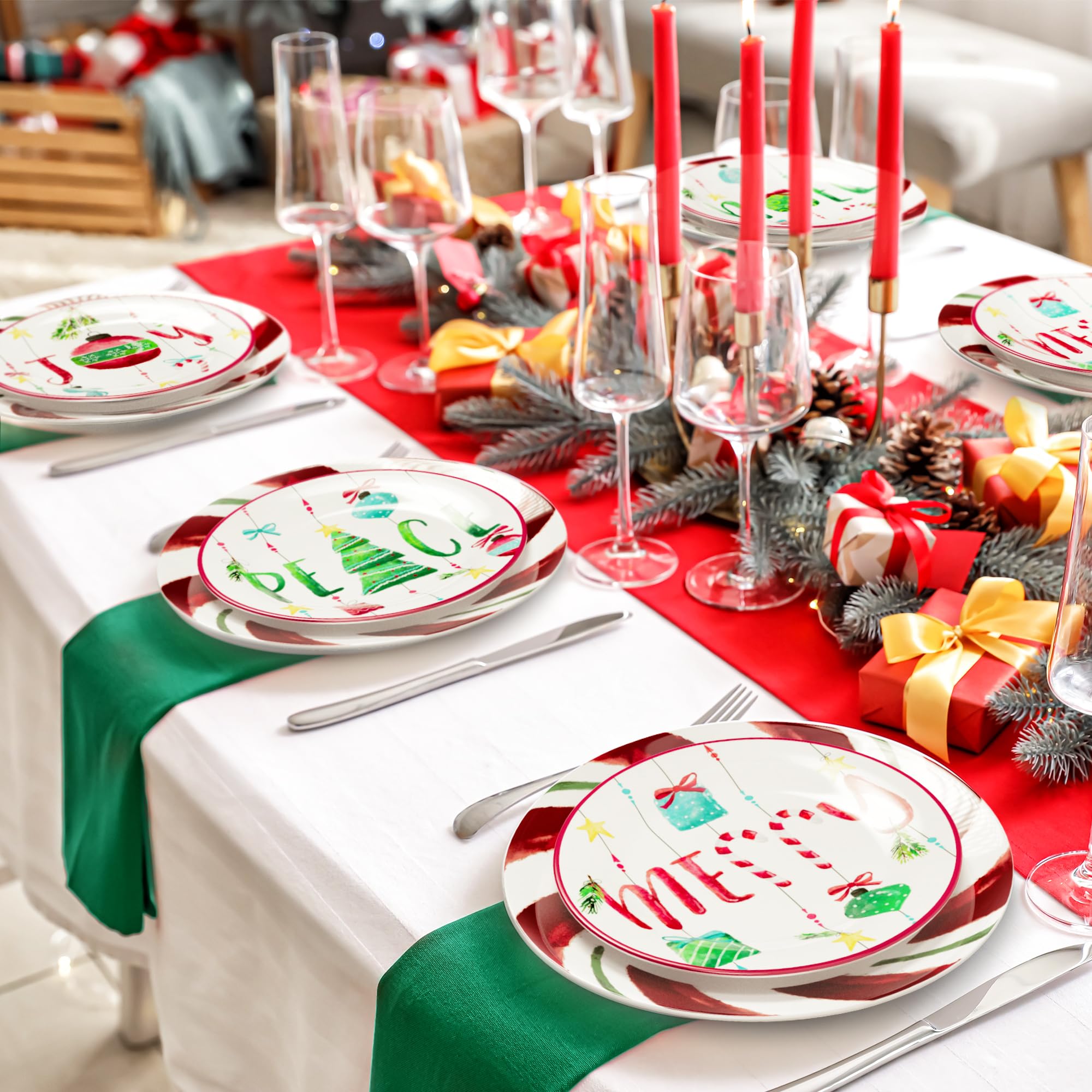 American Atelier 16-Piece Christmas-Themed Stoneware Dinnerware Set in Festive Green & Red | Holiday Table Setting, Christmas Dinner Party, Festive Home Decor