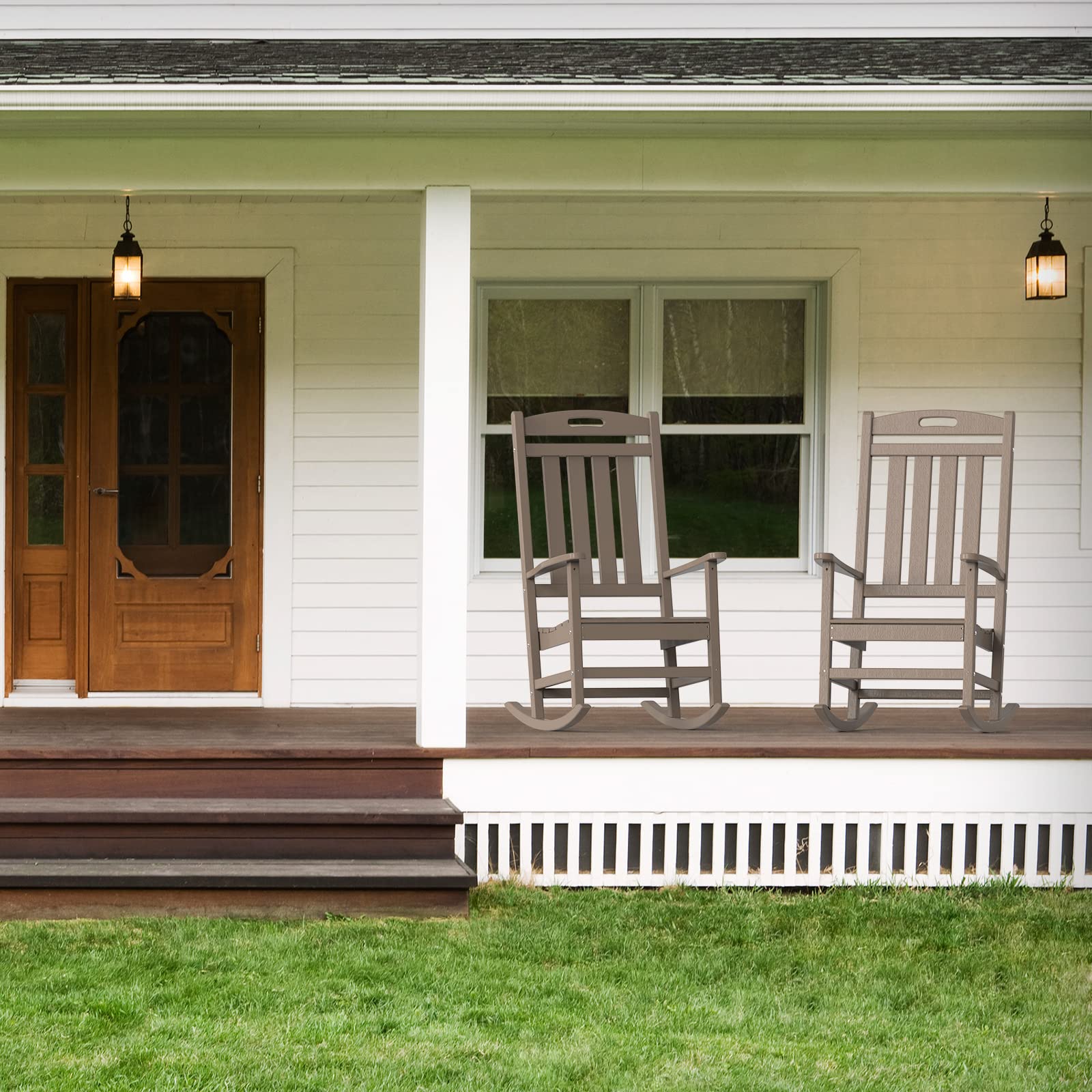 Outdoor Rocking Chair - High Back HDPE All-Weather Patio Rocker for Deck, Porch, Backyard, Garden & Indoor Use - Durable Weathered Wood Look - Perfect for Relaxing in Sunroom, Poolside or Front Porch