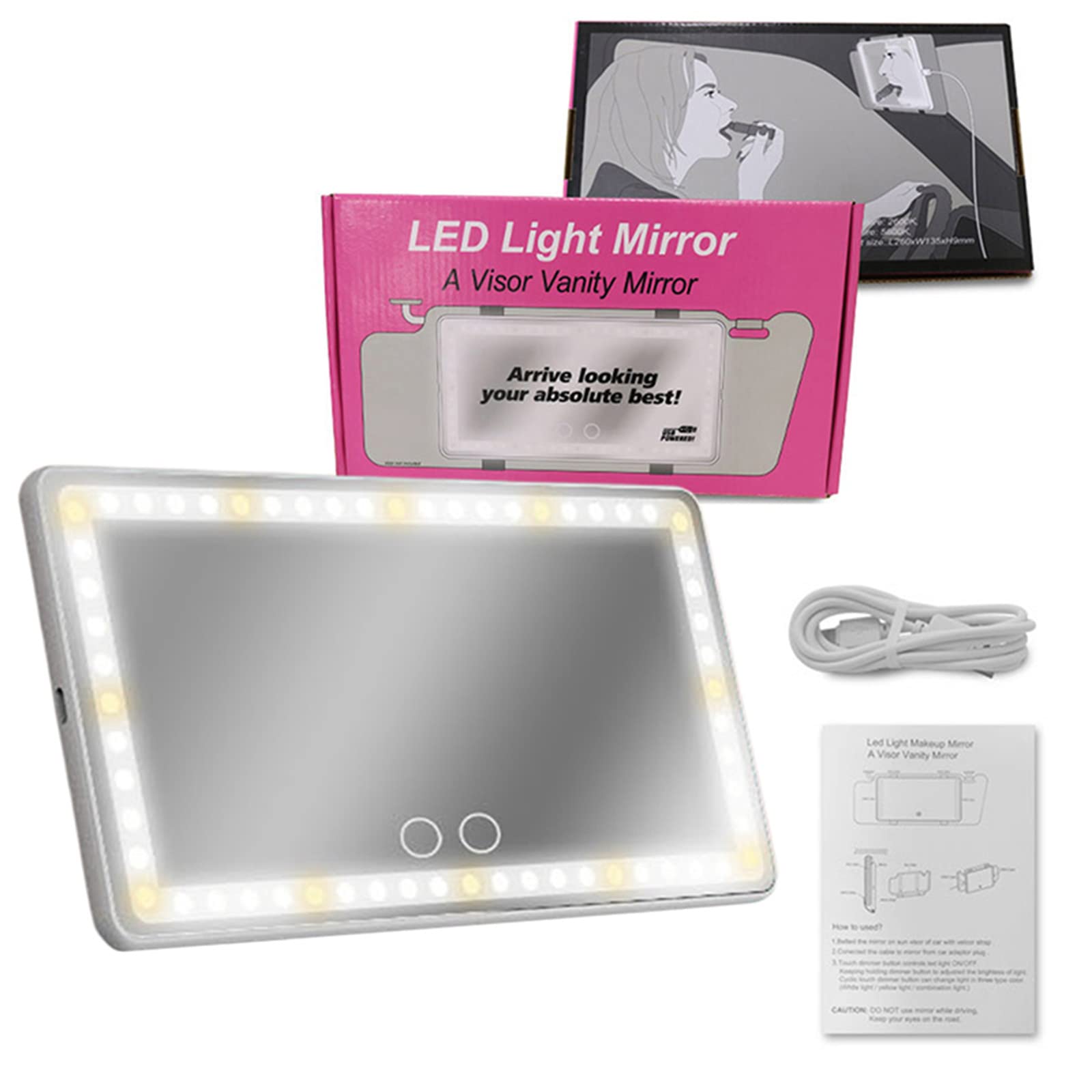Rechargeable LED Car Visor Mirror with 3 Light Modes & Dimmable Touch Screen - Clip-on Sun Visor Vanity Mirror for Trucks & Cars - Perfect for Women & Girls (White) - Ideal for Makeup, Baby Monitoring & Road Safety