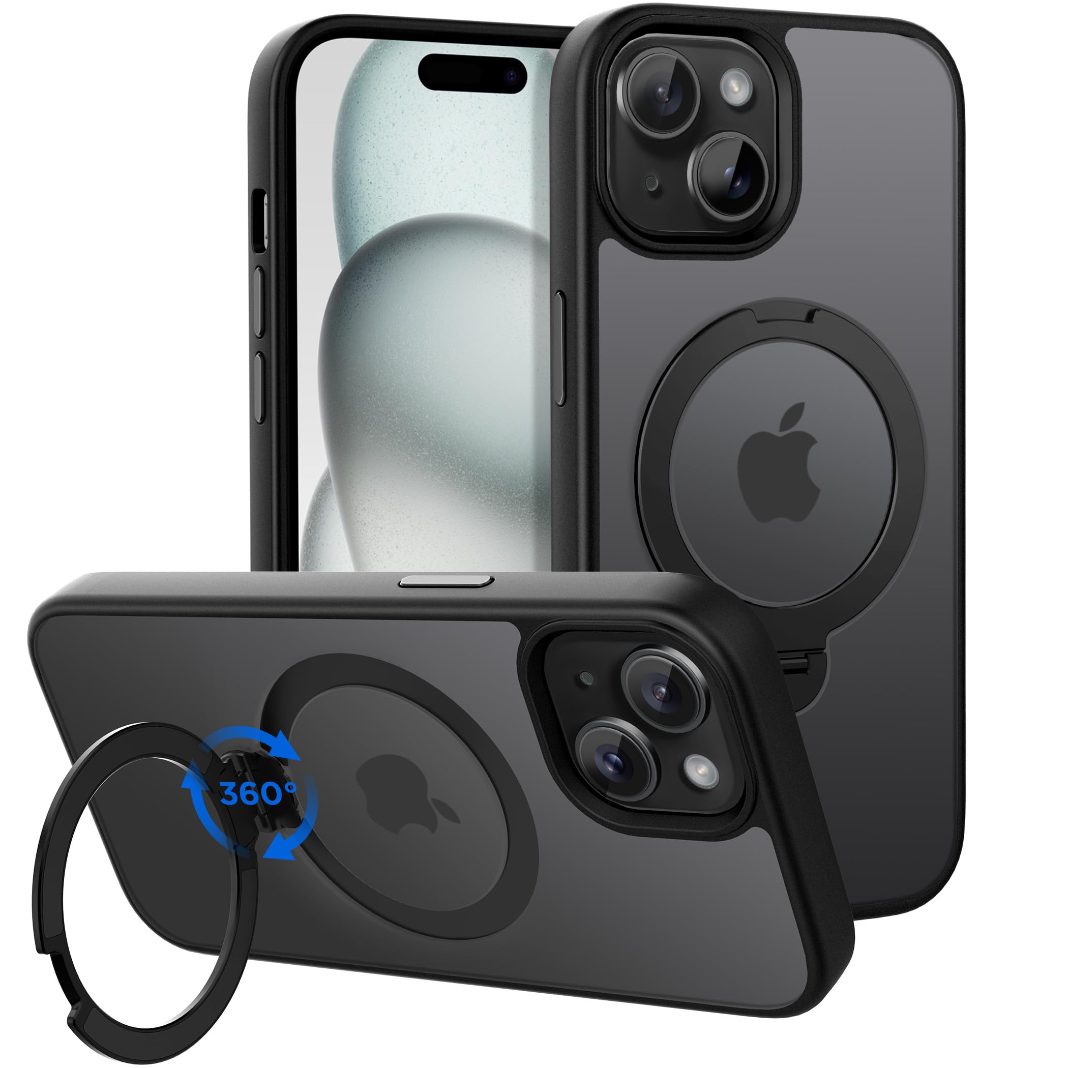 CACOE Magnetic Case for iPhone 15 6.1 Inch - 360° Rotatable Ring Stand & MagSafe Compatible, Matte Black Protective Cover for Desk, Car Mount, Meetings & Video Calls