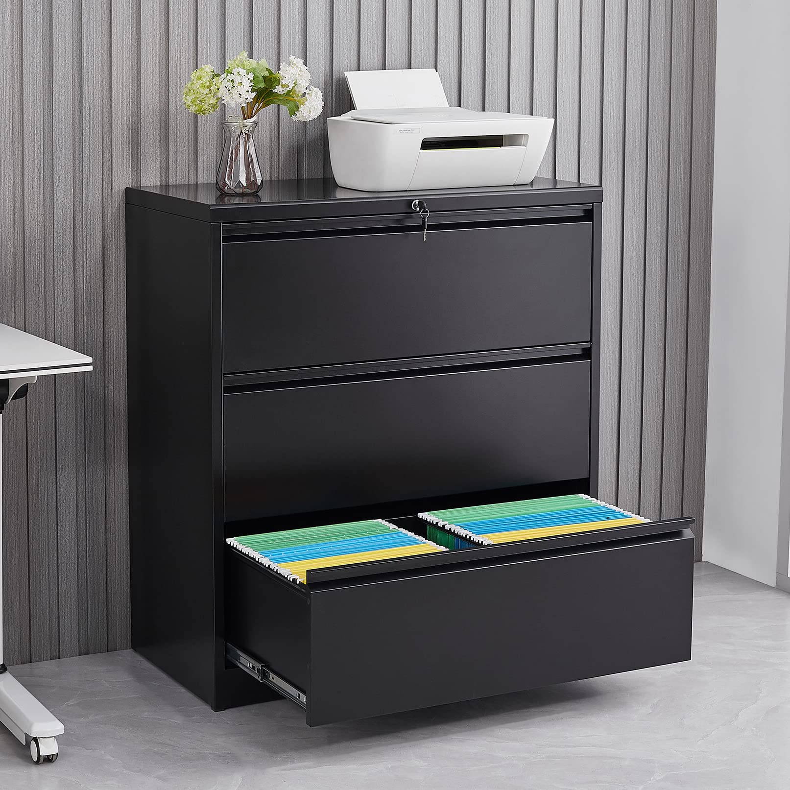 Rophefx 3-Drawer Lateral File Cabinet with Lock - Metal Storage Cabinet for Legal/Letter & A4 Size Documents - Modern Steel Office File Cabinet for Home & Business Organization - Black