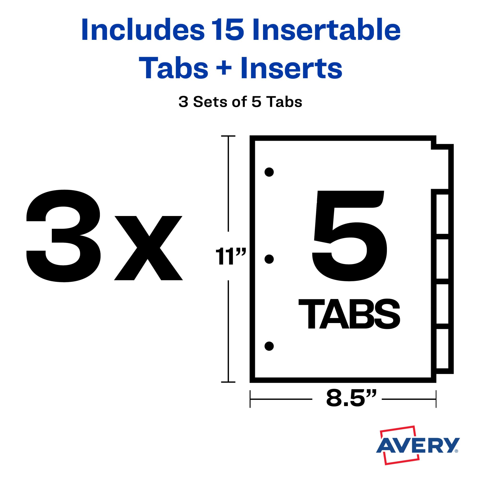 Avery 5-Tab Plastic Binder Dividers for 3-Ring Binders - Multicolor Insertable Big Tabs, 3 Sets (71900) - Perfect for School, Office Organization & Document Filing