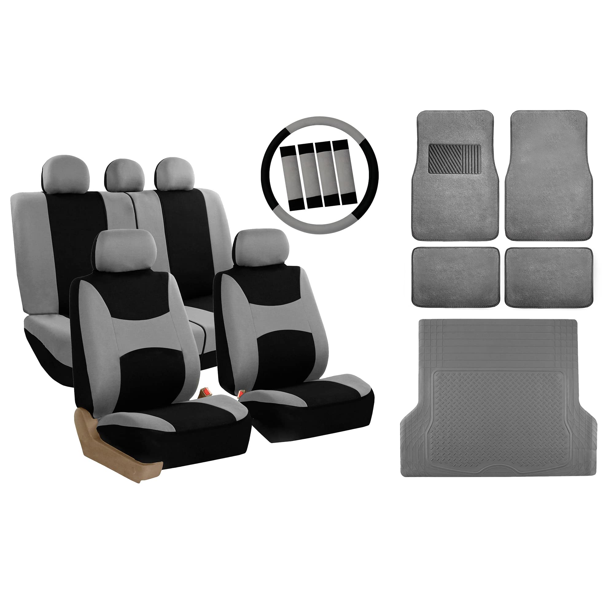 FH Group F14403GRAY Gray Carpet Floor Mat Set with Steering Wheel Cover & Trunk Liner - Premium Car Interior Accessories for Sedans, SUVs, Trucks | Perfect for Daily Commute, Road Trips & Vehicle Protection
