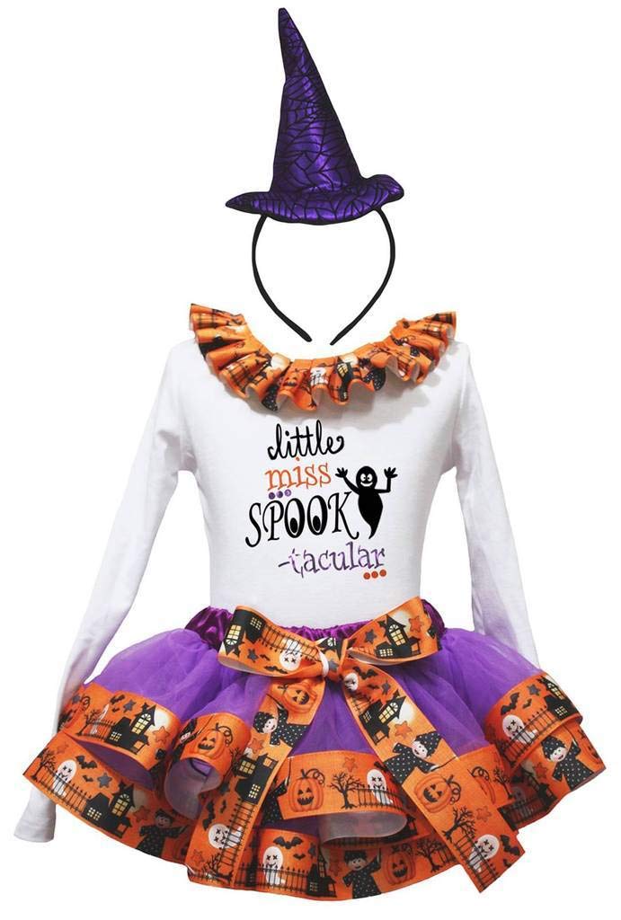 Petitebella Miss Spooktacular Halloween Shirt with Purple Pumpkin Petal Skirt & Headband Set for Girls (NB-8Y) - Perfect for Trick-or-Treating, Costume Parties & Spooky Photo Shoots