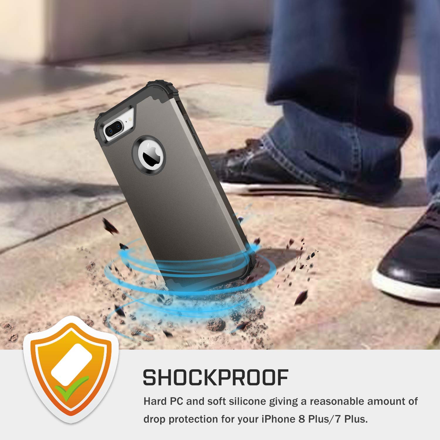 BENTOBEN Rugged iPhone 8 Plus/7 Plus Case - 3-in-1 Hybrid Protection with Hard PC Shell & Soft Rubber Bumper | Shockproof, Anti-Slip, Heavy Duty Cover in Gunmetal | Perfect for Outdoor, Construction & Active Lifestyle Use