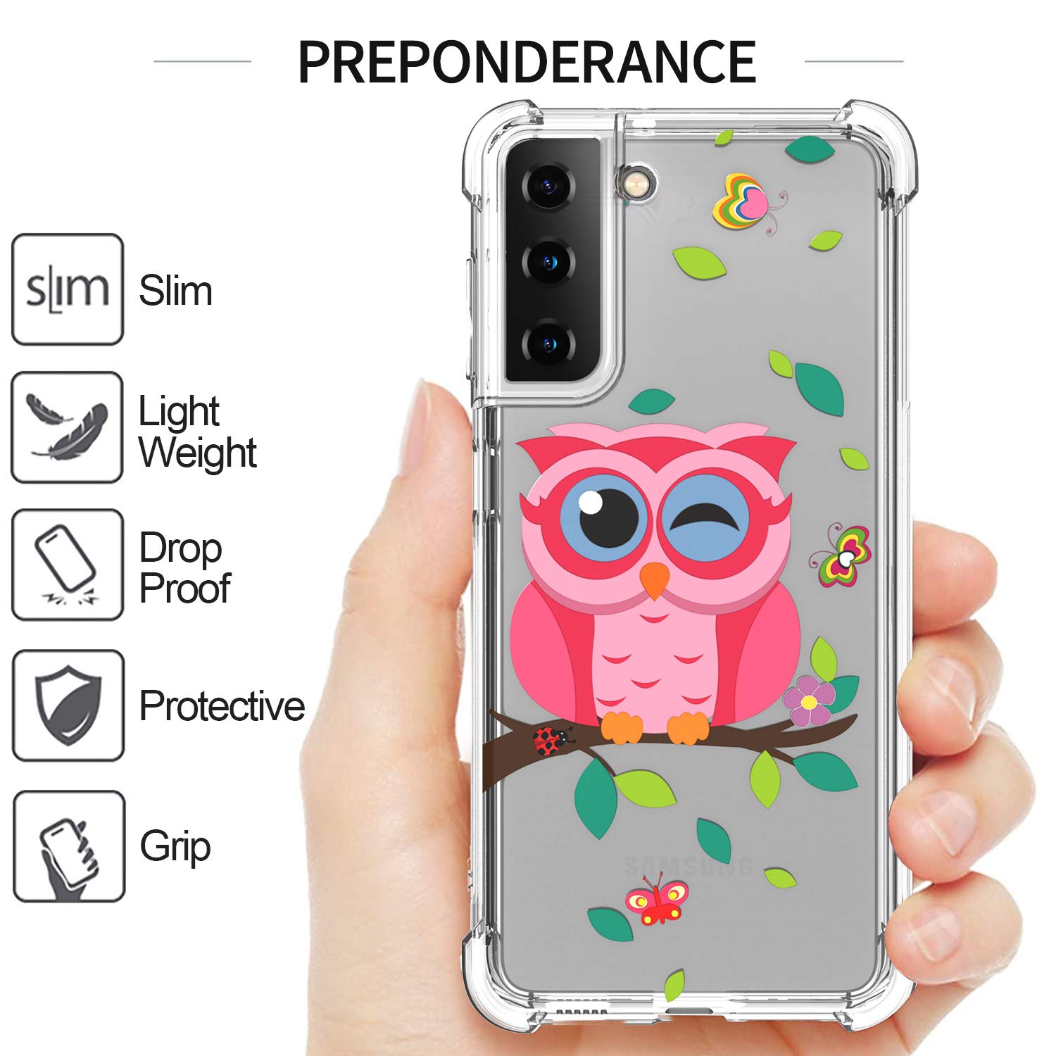 CoverON Slim Flexible TPU Clear Phone Case for Samsung Galaxy S21 Plus 5G - Owl Design | Perfect for Everyday Protection & Style