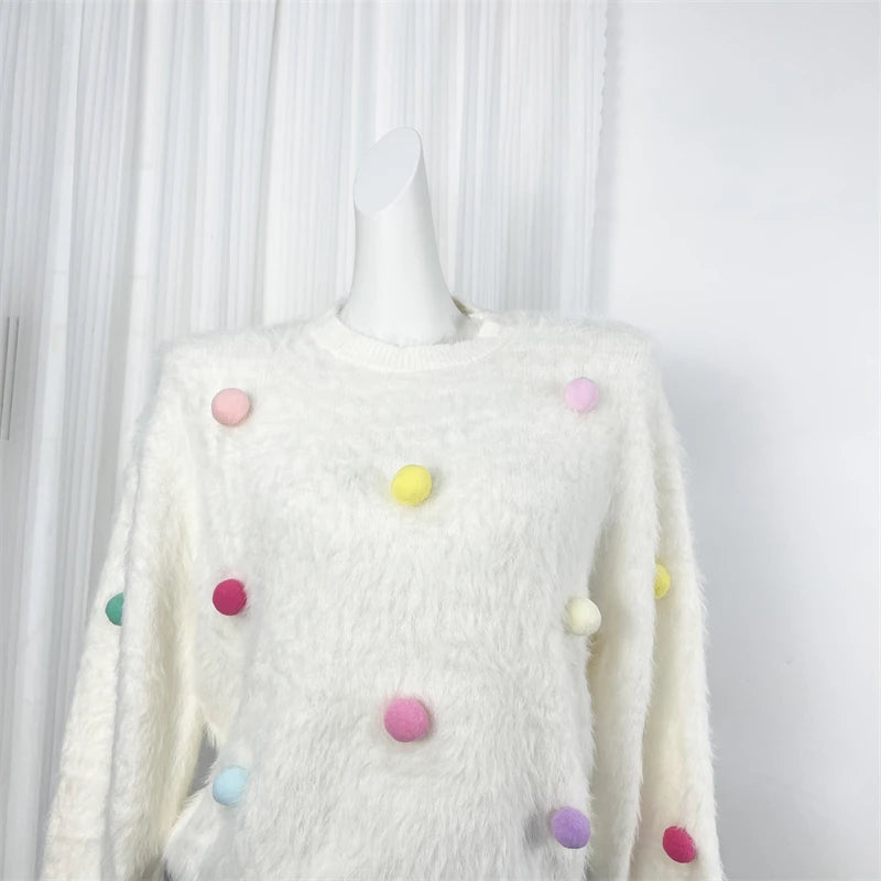 Women's White Mink Fur Ball Decor Short Knit Sweater - Round Neck Long Sleeve Pullover Top for Autumn Winter | Casual Streetwear & Vacation Outfit