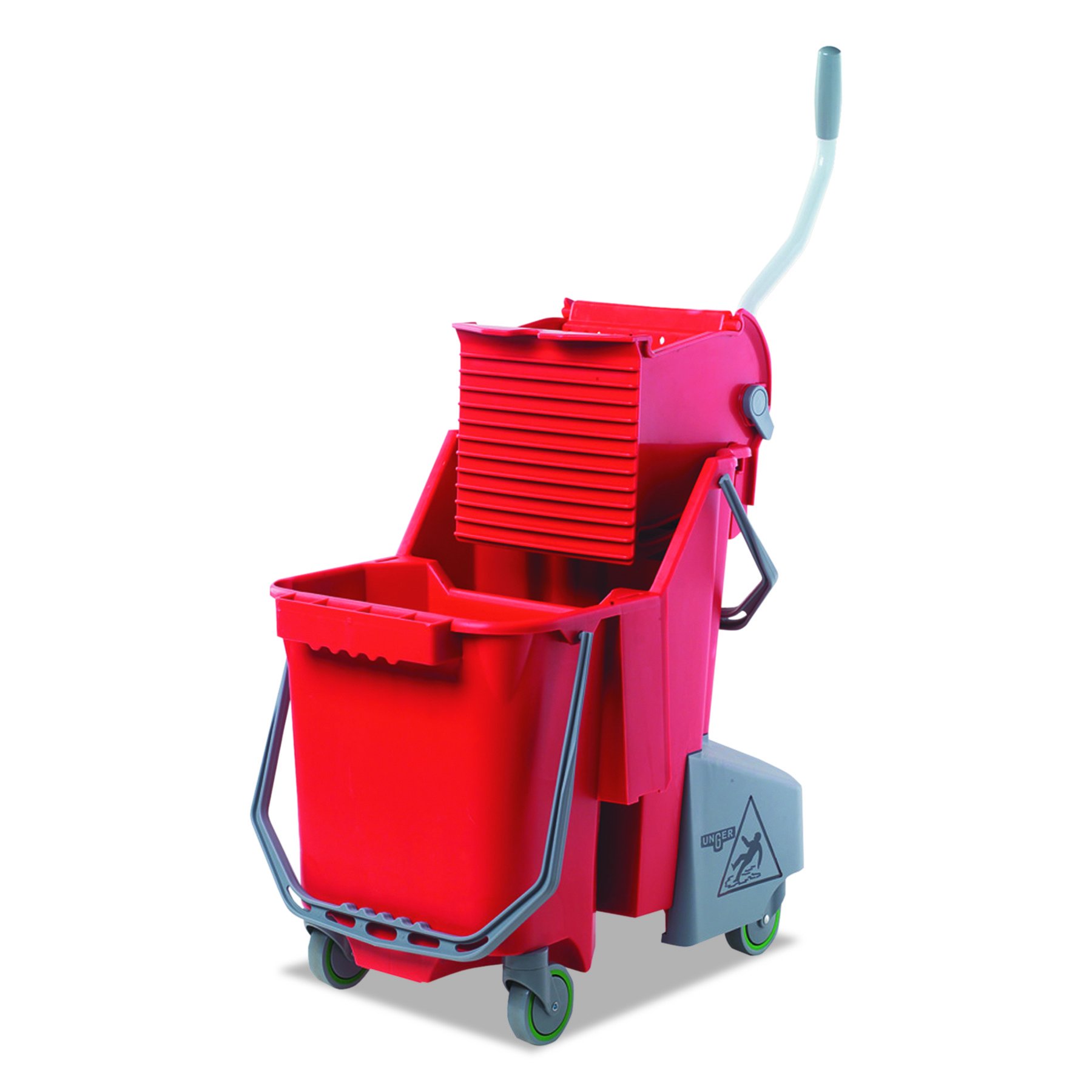 Unger COMBR Side-Press Restroom Mop Dual Bucket Combo - 8 Gallon Plastic Cleaning System with Red Buckets for Commercial & Home Use - Perfect for Schools, Hospitals, and Office Restrooms