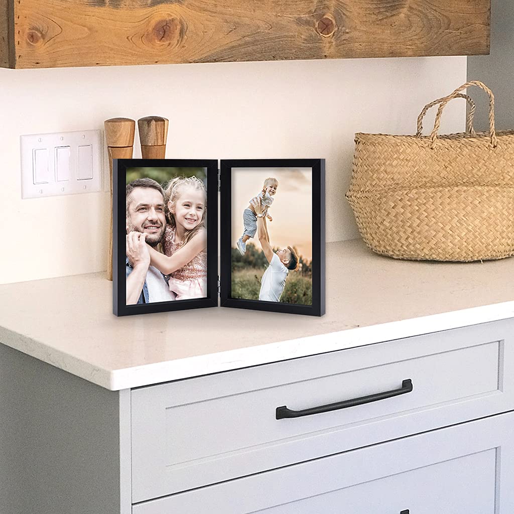 5x7 Double Picture Frames - Hinged MDF Wood with Real Glass - Tabletop Vertical Standing Photo Frame in Black - Perfect for Displaying Family Photos, Wedding Pictures, and Home Decor