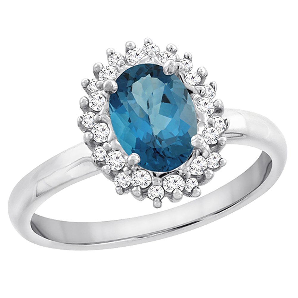 14K White Gold Oval London Blue Topaz Diamond Engagement Ring - 7x5mm, Size 5-10 - Perfect for Proposals, Anniversaries & Special Occasions