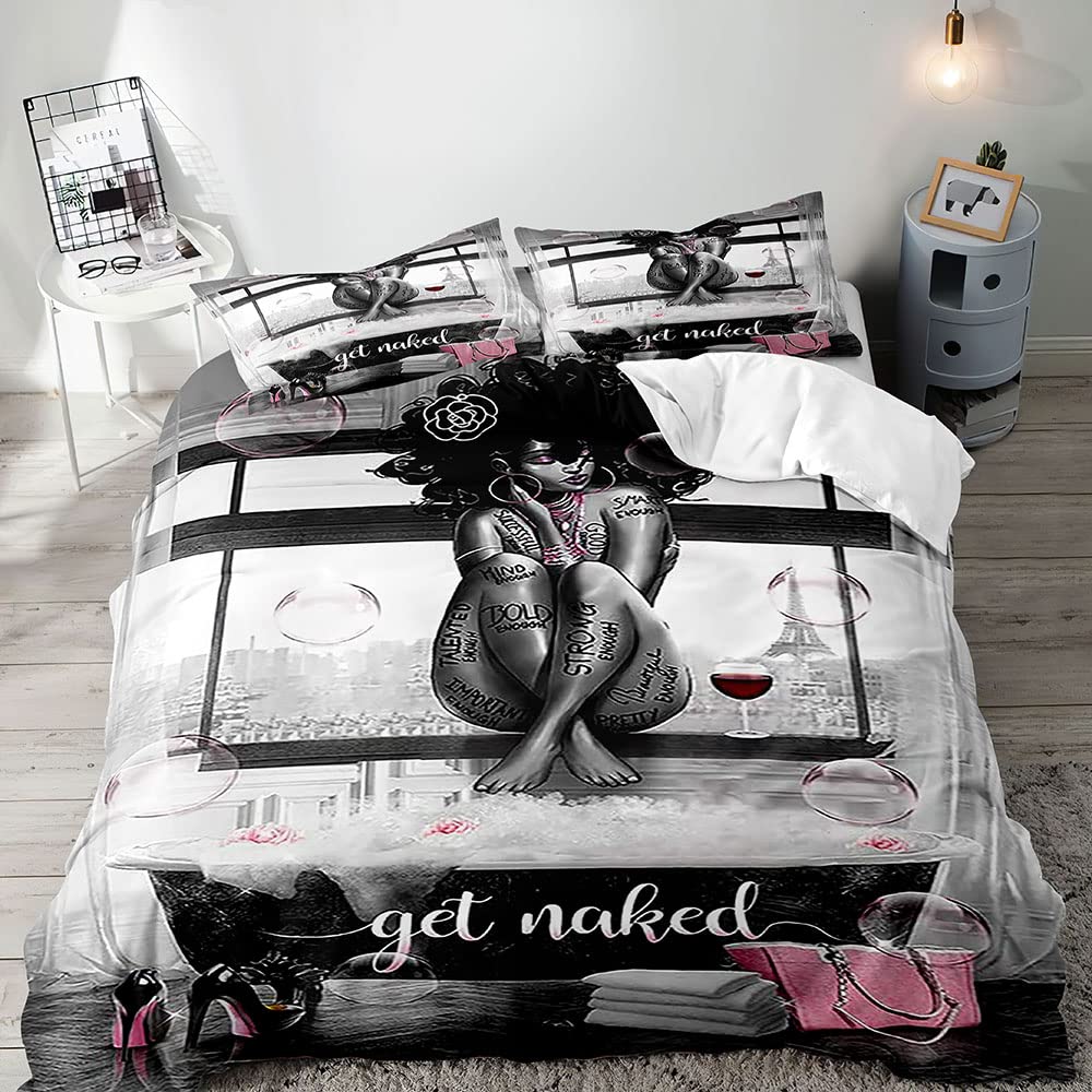 LUVIVIHOME 3PCS Black Girl Queen Duvet Cover Set with Pink High Heels & Inspirational Quotes - African American Bedding, Comforter Cover & 2 Pillowcases - Stylish Dorm, Apartment & Bedroom Decor for Women - Perfect for Teen Rooms, Girls' Bedrooms & Afrocentric Home Decor