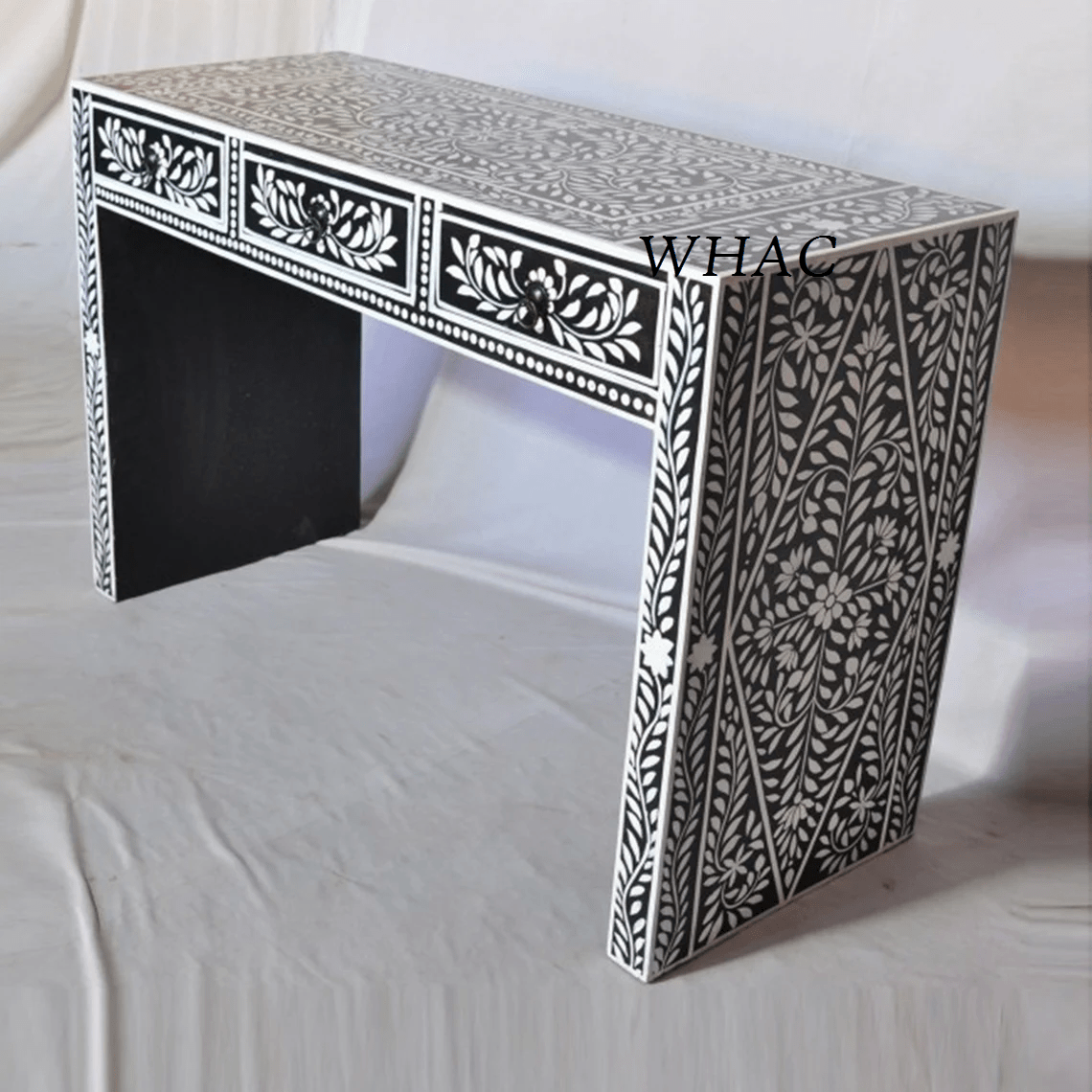 Handmade Bone Inlay Floral Pattern Console Table with 3 Drawers - Elegant Entryway Furniture for Hallway, Living Room & Foyer Decor