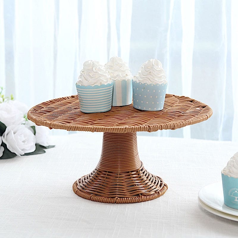 12-Inch Plastic Rattan Wicker Pedestal Cake Stand - Natural Color for Wedding, Birthday Party & Dessert Display