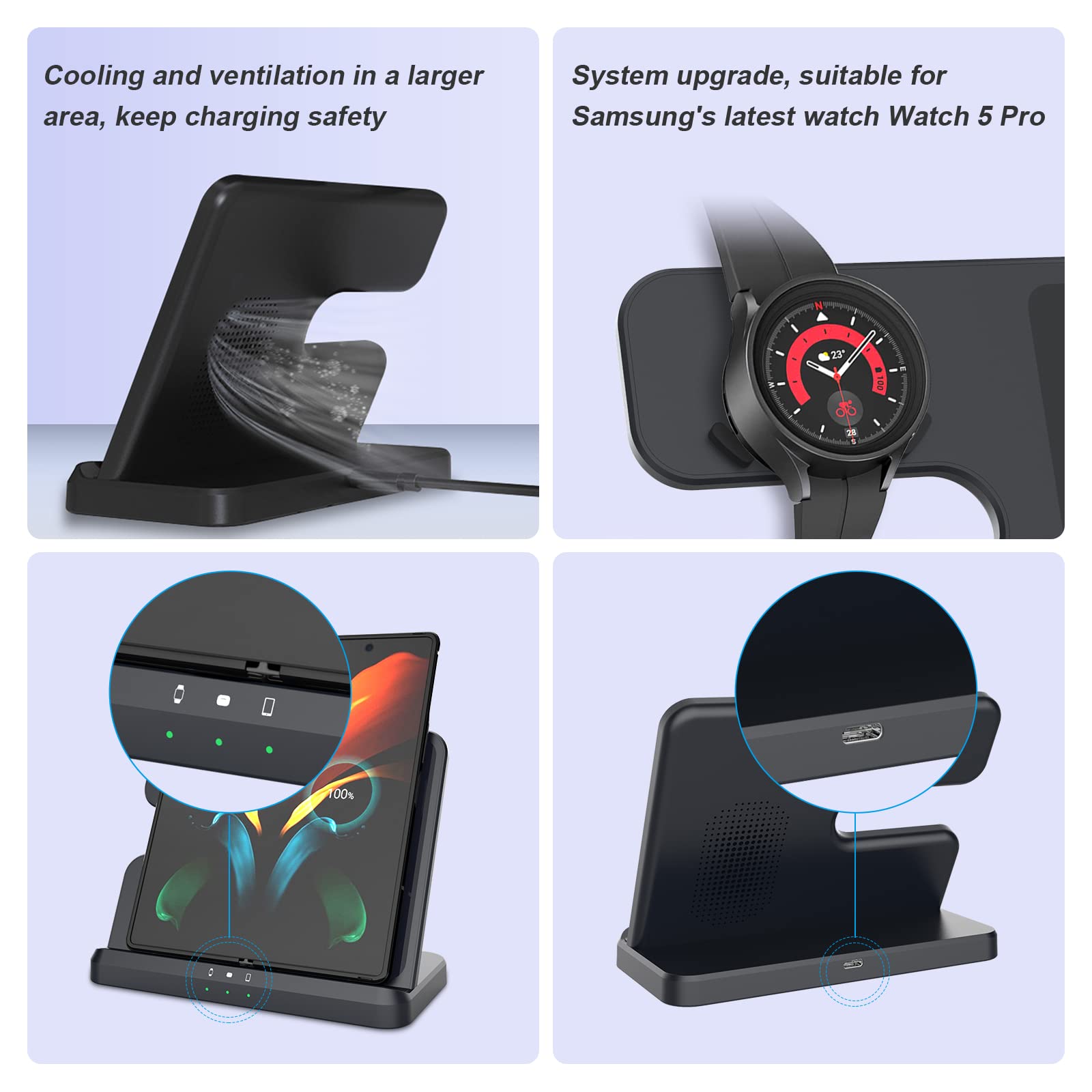 3-in-1 Fast Wireless Charger for Samsung Galaxy S24 Ultra/S24+/S23 Ultra/S22 Ultra/Z Fold 4/Flip 4 & Watch 5/5 Pro/4 & Buds - White | Multi-Device Charging Station for Home, Office & Travel