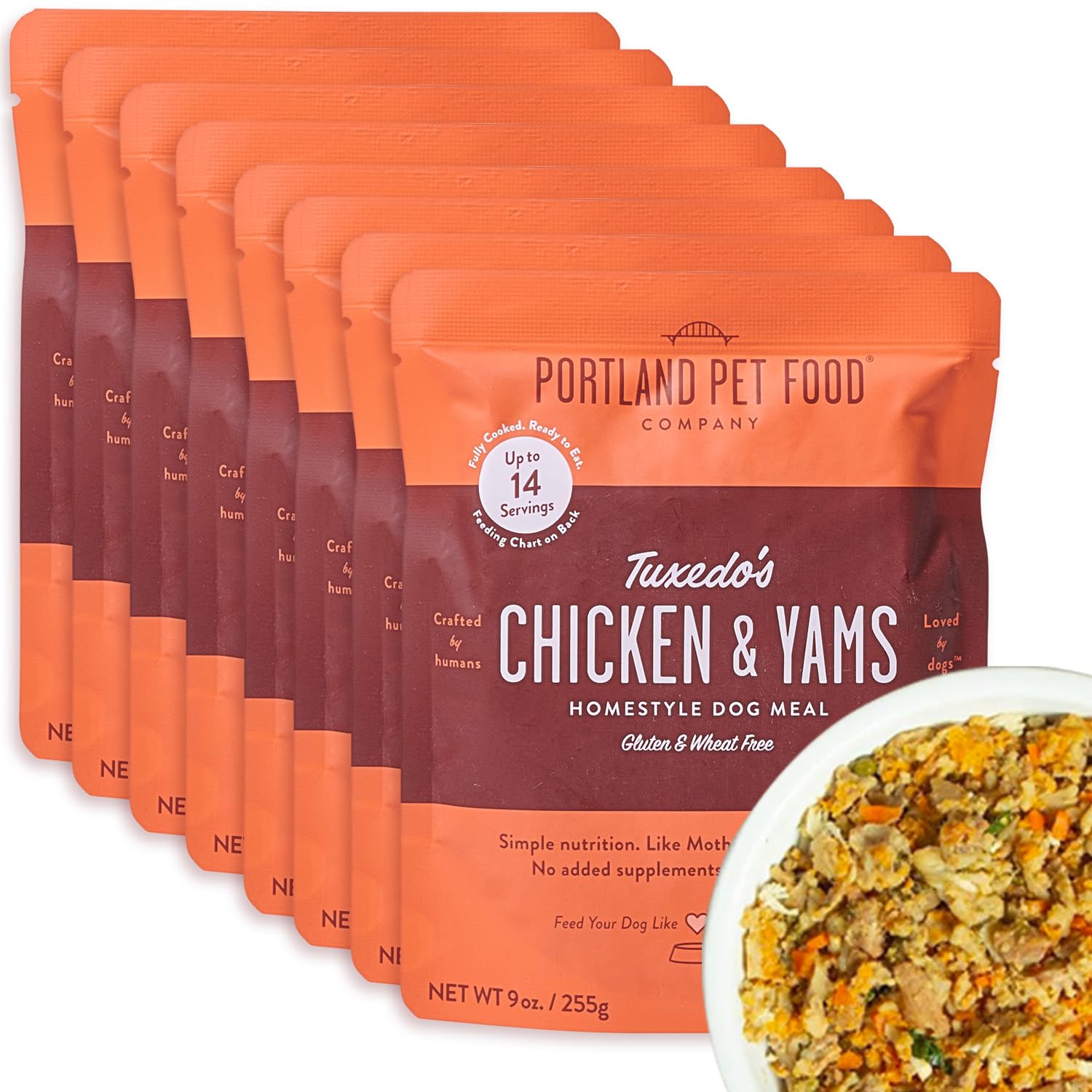 Portland Pet Food Company Tuxedo’s Chicken & Yams Wet Dog Food Pouches - Human-Grade, Grain-Free, Gluten-Free Dog Food Topper & Meal for All Breed Sizes - Made in USA - 8-Pack - Perfect for Picky Eaters, Senior Dogs & Mealtime Enhancement