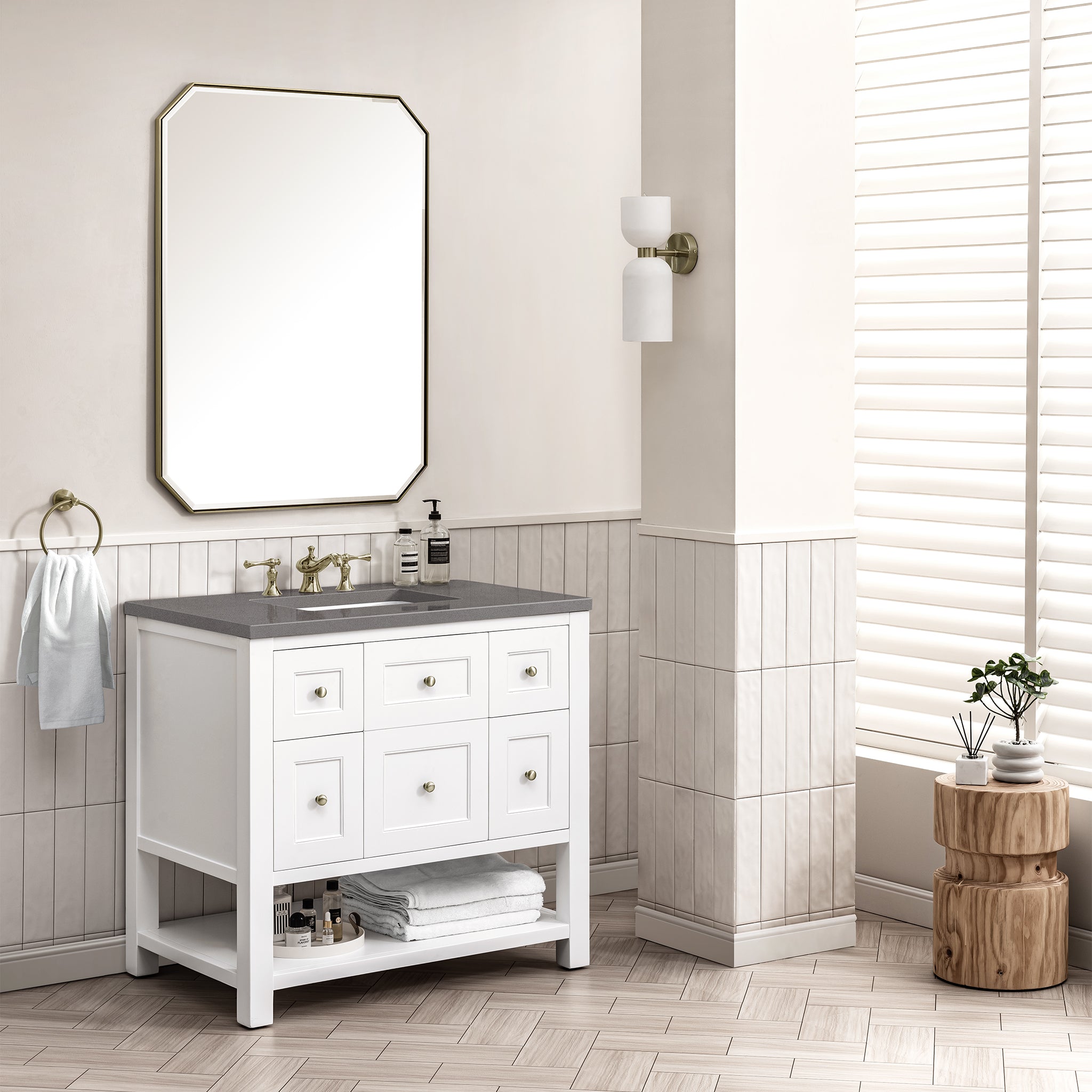 Breckenridge 36 Inch Single Bathroom Vanity Set with Bright White Finish & 3CM Gray Expo Top - Perfect for Modern Home Renovations and Small Space Bathrooms