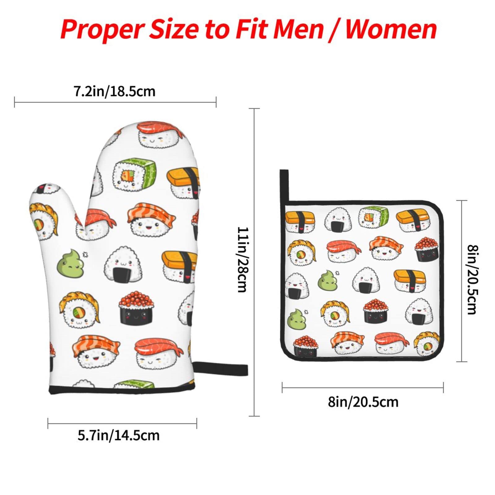 Japanese Kawaii Sushi Oven Mitts & Pot Holders Set of 4 - Heat Resistant Kitchen Gloves for Cooking, Baking, Grilling & BBQ - Perfect for Home Chefs & Sushi Lovers