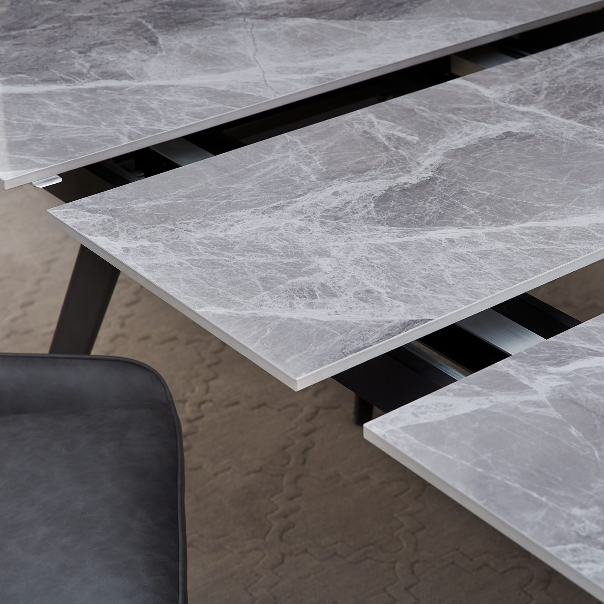 Lucia Extendable Stone Top Metal Leg Dining Table - Piedra & Black Finish - Perfect for Small Spaces, Kitchen, Dining Room & Outdoor Entertaining