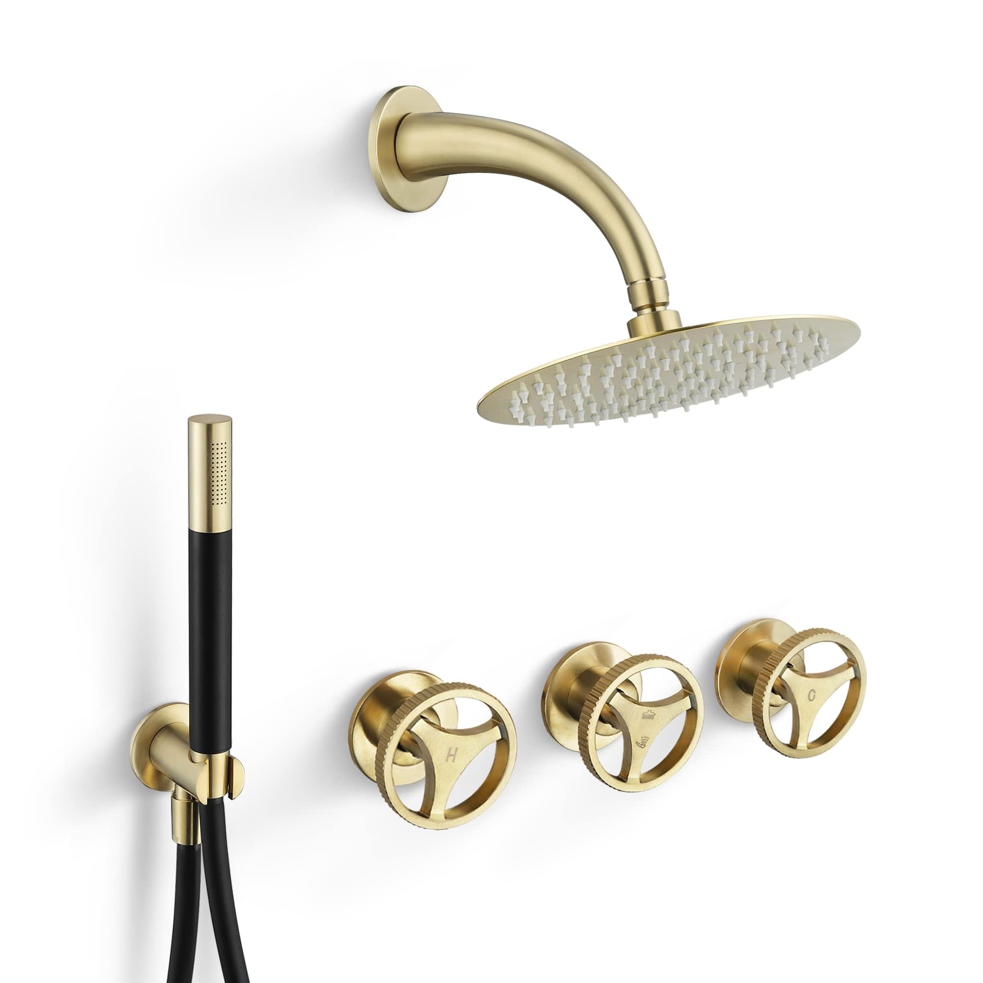 SKOWLL Rainfall Shower Faucet Set - 3 Handle Wall Mounted Bathroom Shower System with 8 Inch Shower Head & 2 Function Valve in Brushed Gold Finish | Perfect for Modern Luxury Bathrooms & Spa-Like Experience