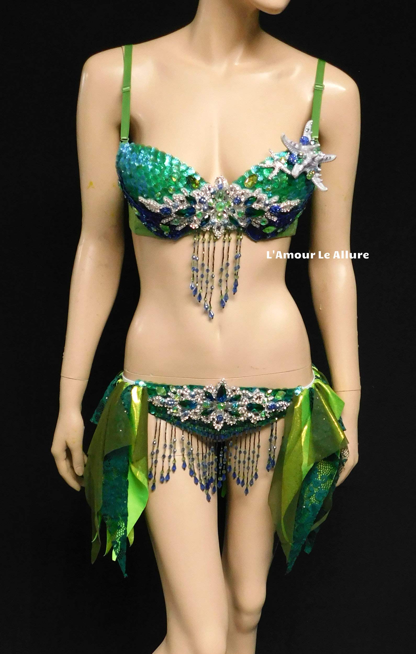 Sparkling Mermaid Bra & Skirt Set - Green, Blue & Silver Sequin Scales for Costume Parties, Halloween & Cosplay