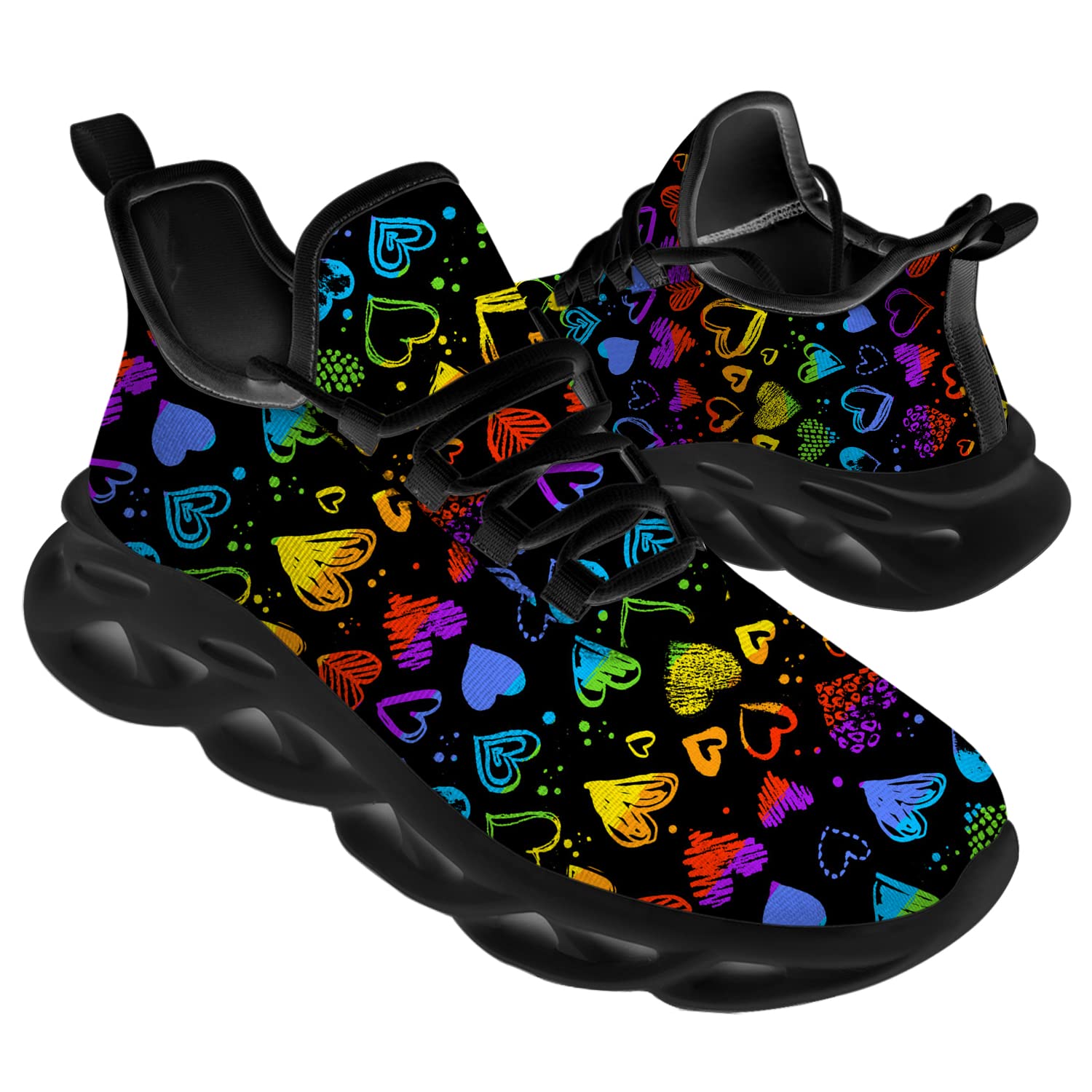 **LGBTQ Pride Running Shoes for Women & Men - Rainbow Heart Design Sneakers - Comfortable Walking & Tennis Shoes - Size 10 Men/13 Women - Black - Perfect for Pride Parades, Workouts & Casual Wear**