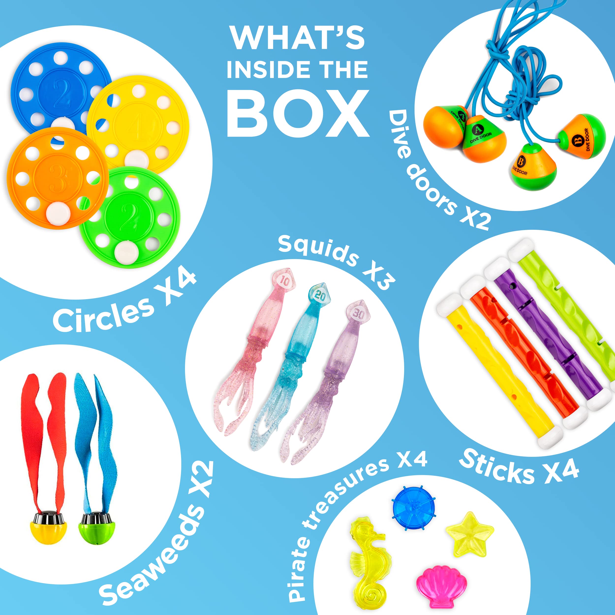 Chuchik 40-Piece Kids Swimming Pool Toys Set - 4 Diving Sticks, 4 Rings, 6 Pirate Treasures, 3 Toypedo Bandits, 9 Fish & 4 Octopus Water Toys with Storage Net Bag | Fun Pool Games for Children, Summer Beach Activities & Underwater Treasure Hunt Adventures