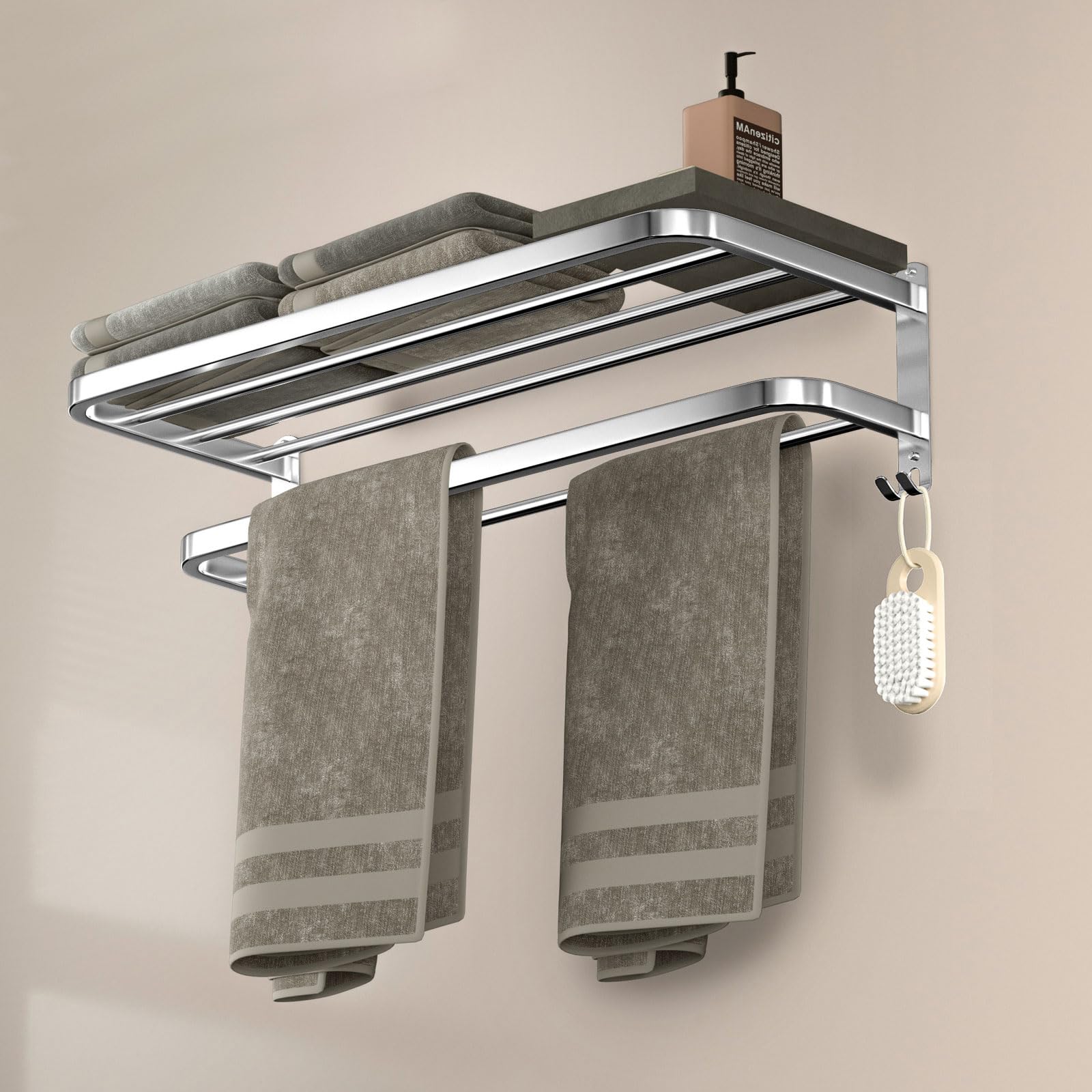 Stainless Steel Bathroom Towel Rack with Double Bars & Hooks - 23 Inch Wall Mounted Shelf for Towels & Bath Accessories - Perfect for Hotel, Spa & Home Bathroom Organization