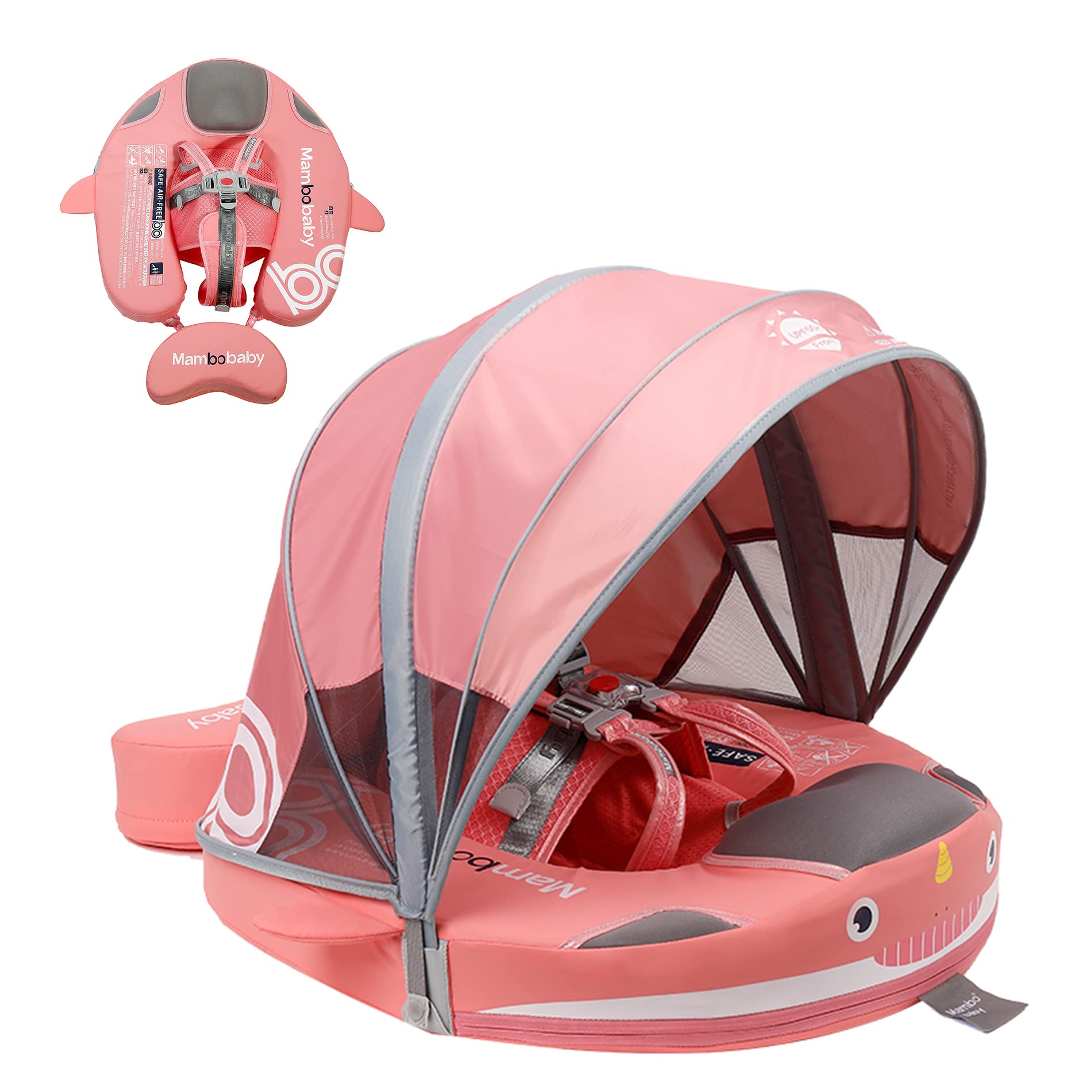 Mambobaby Non-Inflatable Baby Float with Canopy & Tail - Safe Swim Trainer for Toddlers Boys & Girls (Narwhal-Pink) | Pool Flotation Device for Summer Water Play & Learning to Swim