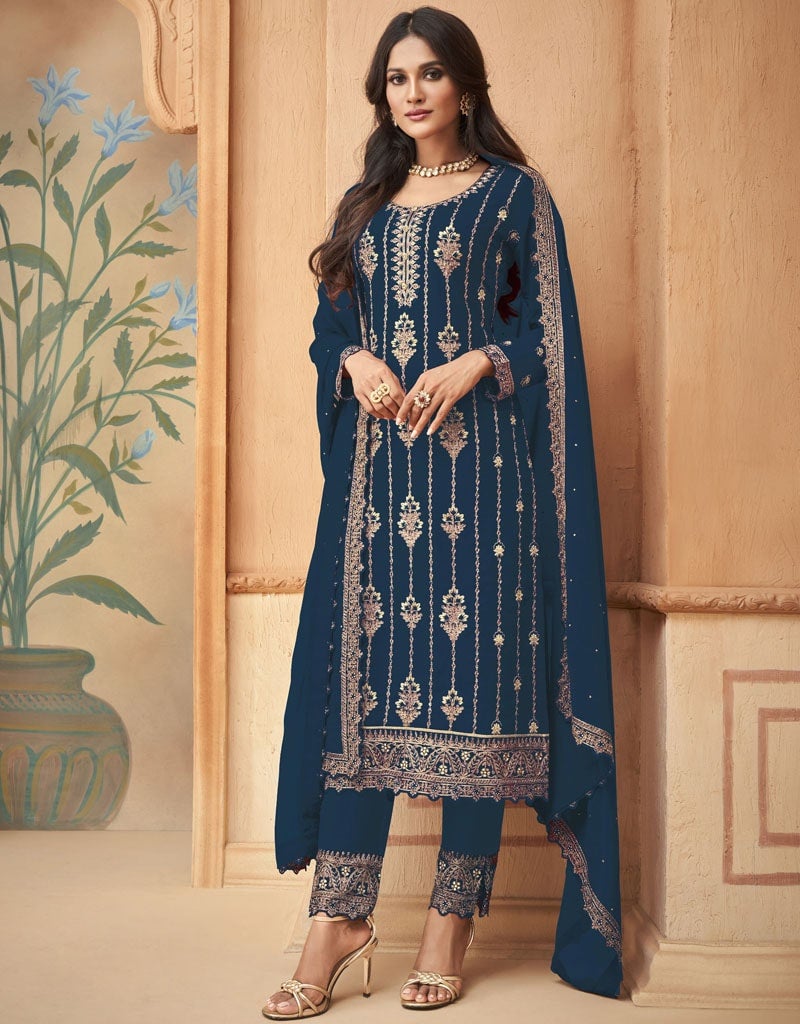 Blue Straight Leg Pants - Faux Georgette Fabric for Women | Office Wear, Casual Outfits & Special Occasions