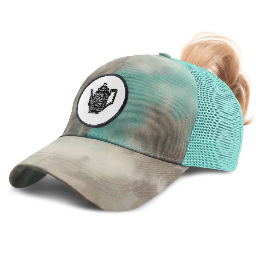 Vintage Women's High Ponytail Cap - Teapot Trucker Hat with Patch - Retro Tea Lover Accessory for Casual Wear, Tea Parties & Costume Events