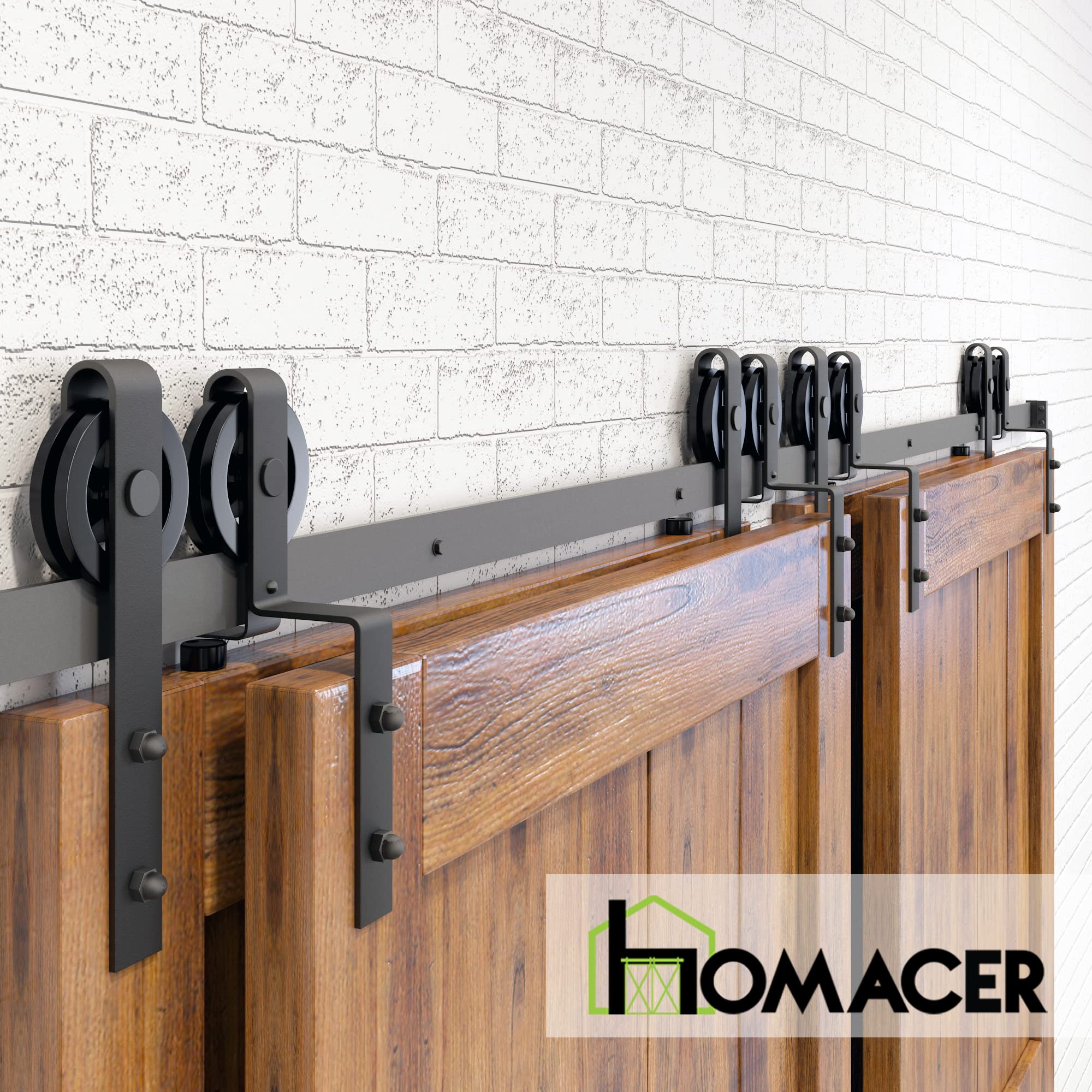 Homacer Black Rustic Single Track Bypass Sliding Barn Door Hardware Kit - 20ft Long Flat Track with Spoke Wheel Rollers (2 Flat + 2 Bent Rollers) - Perfect for Farmhouse, Loft, and Industrial Style Interior Doors