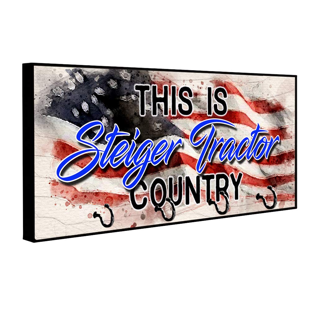 Steiger Tractor Country Watercolor American Flag Key Holder - Patriotic Grunge Design Wall Mount Key Organizer for Home, Keys & Rings - Perfect for Farmhouse, Garage & Entryway Decor