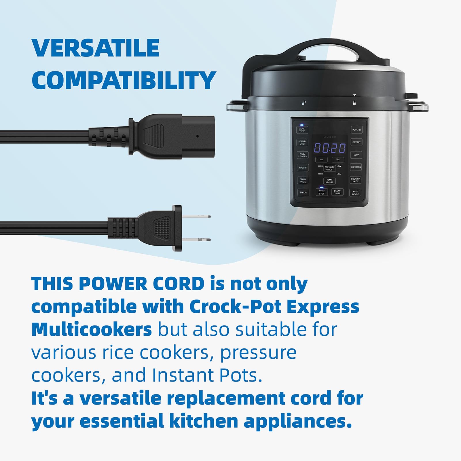 Replacement Power Cord for 6-Quart Crock-Pot Express Multi Cooker SCCPPC600-V1 - Compatible with Instant Pot, Rice Cooker & Slow Cooker - Perfect for Home Kitchen, Meal Prep & Pressure Cooking
