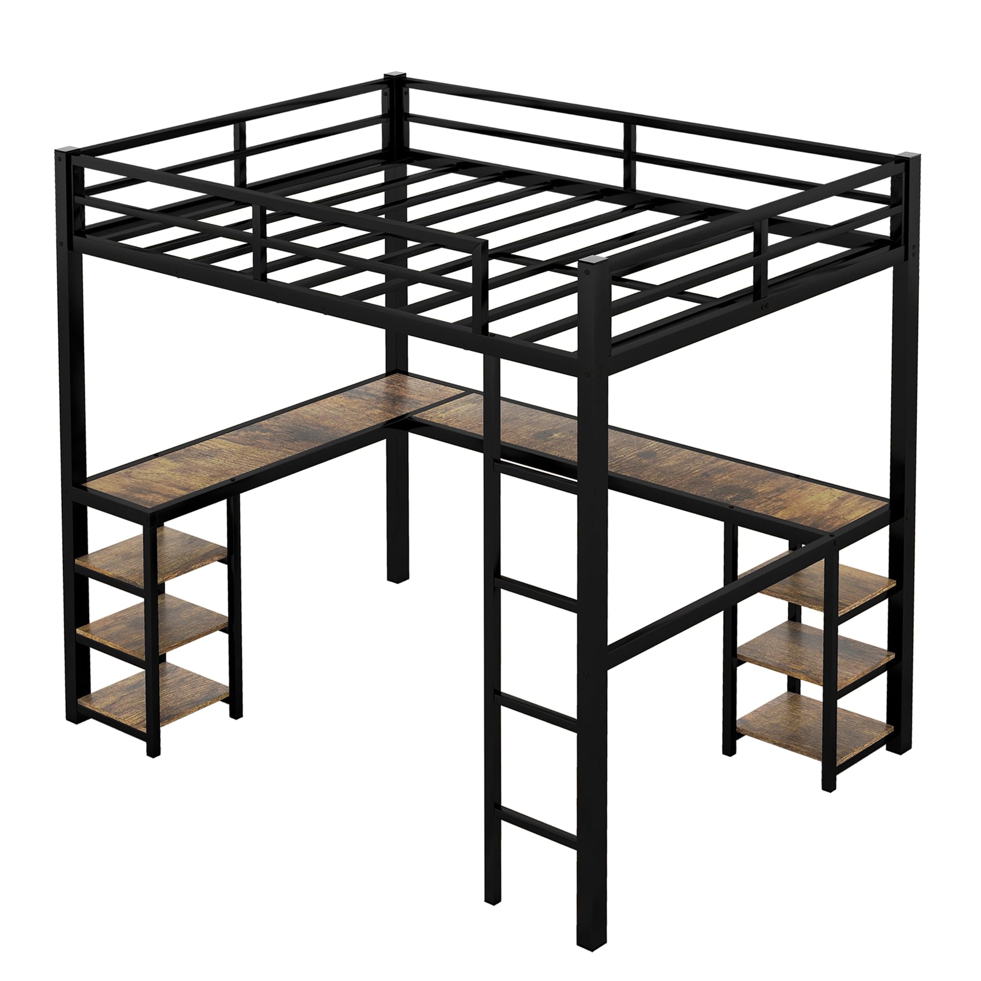 Full Size Loft Bed with L-Shaped Desk & Storage Shelves - Heavy Duty Metal Bunk Bed for Kids & Teens - Space Saving Study & Sleep Solution for Small Bedrooms - Black Full Size Loft Bed with Ladder
