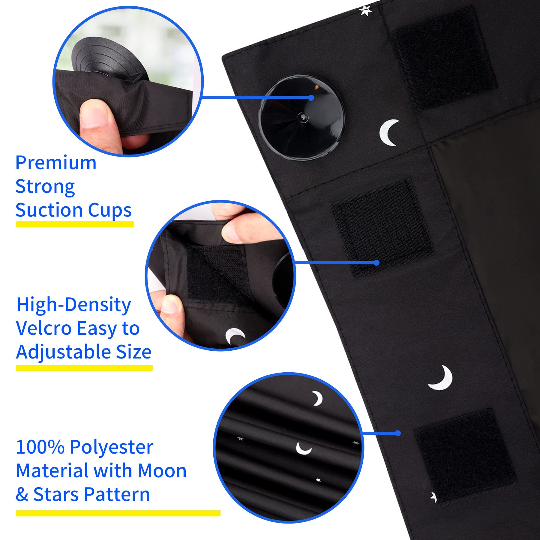 Goabroa Blackout Curtains 78x50 Inches - Adjustable Temporary Window Shades with Suction Cups, Polyester Room Darkening Curtains for Bedroom, Nursery, Dorm (Moon & Stars Pattern) - Perfect for Daytime Naps, Light Sensitivity & Shift Workers