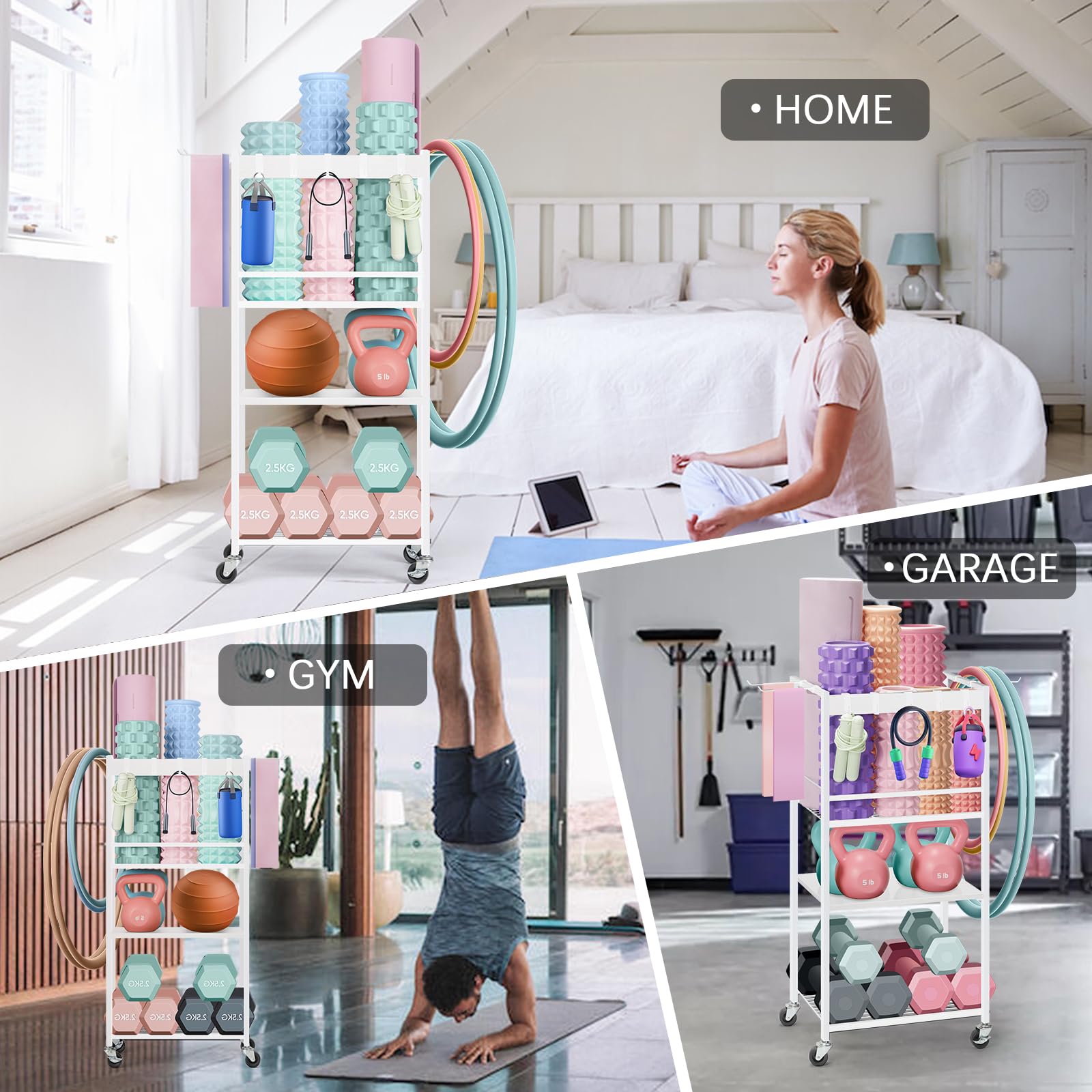 Home Gym Storage Rack with Wheels & Hooks - Yoga Mat Organizer for Dumbbells, Kettlebells, Resistance Bands & Foam Rollers - Space-Saving Workout Equipment Shelf for Yoga Ball Storage - Perfect for Home Gym, Garage & Small Fitness Spaces