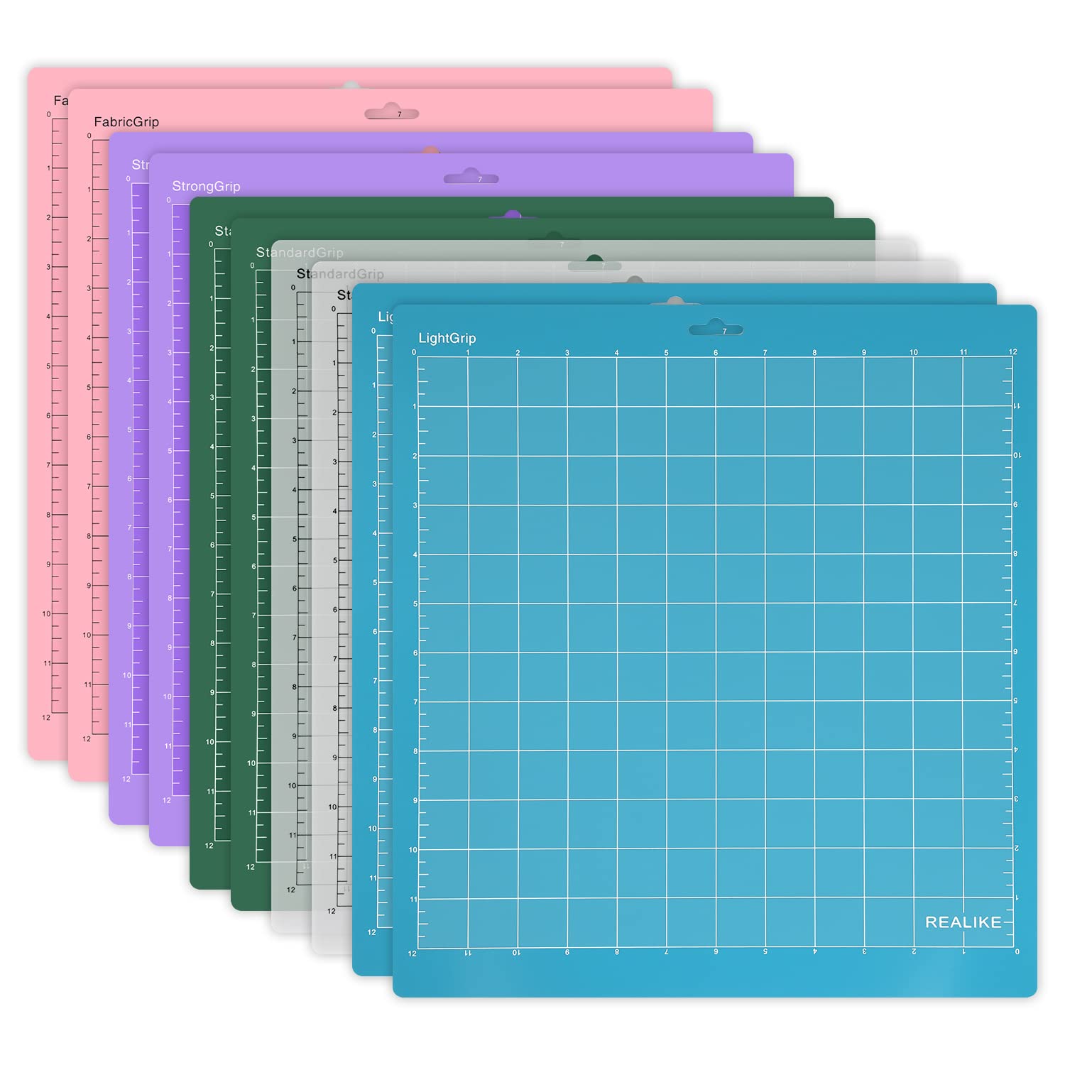 REALIKE 10-Pack 12x12 Inch Cricut Cutting Mats - Compatible with Cricut Maker 3, Maker, Explore 3, Air 2, Air & One - StandardGrip, LightGrip, StrongGrip & FabricGrip Adhesive Mats - Perfect for DIY Crafts, Vinyl Cutting & Fabric Projects