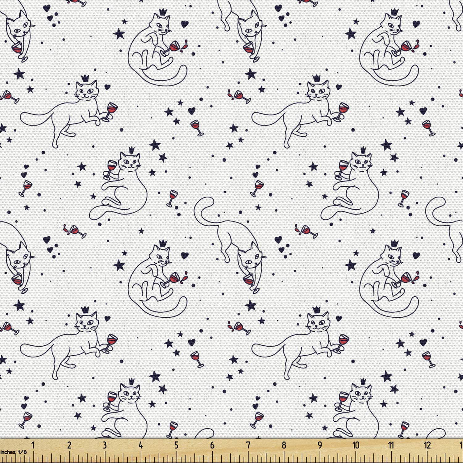 Ambesonne Cartoon Fabric by The Yard - Playful Cat with Wine Glass & Tiny Stars Hearts Pattern - 10 Yards Dark Navy Blue Vermilion Upholstery Fabric for Sofa, Curtains, Pillows & Home Decor