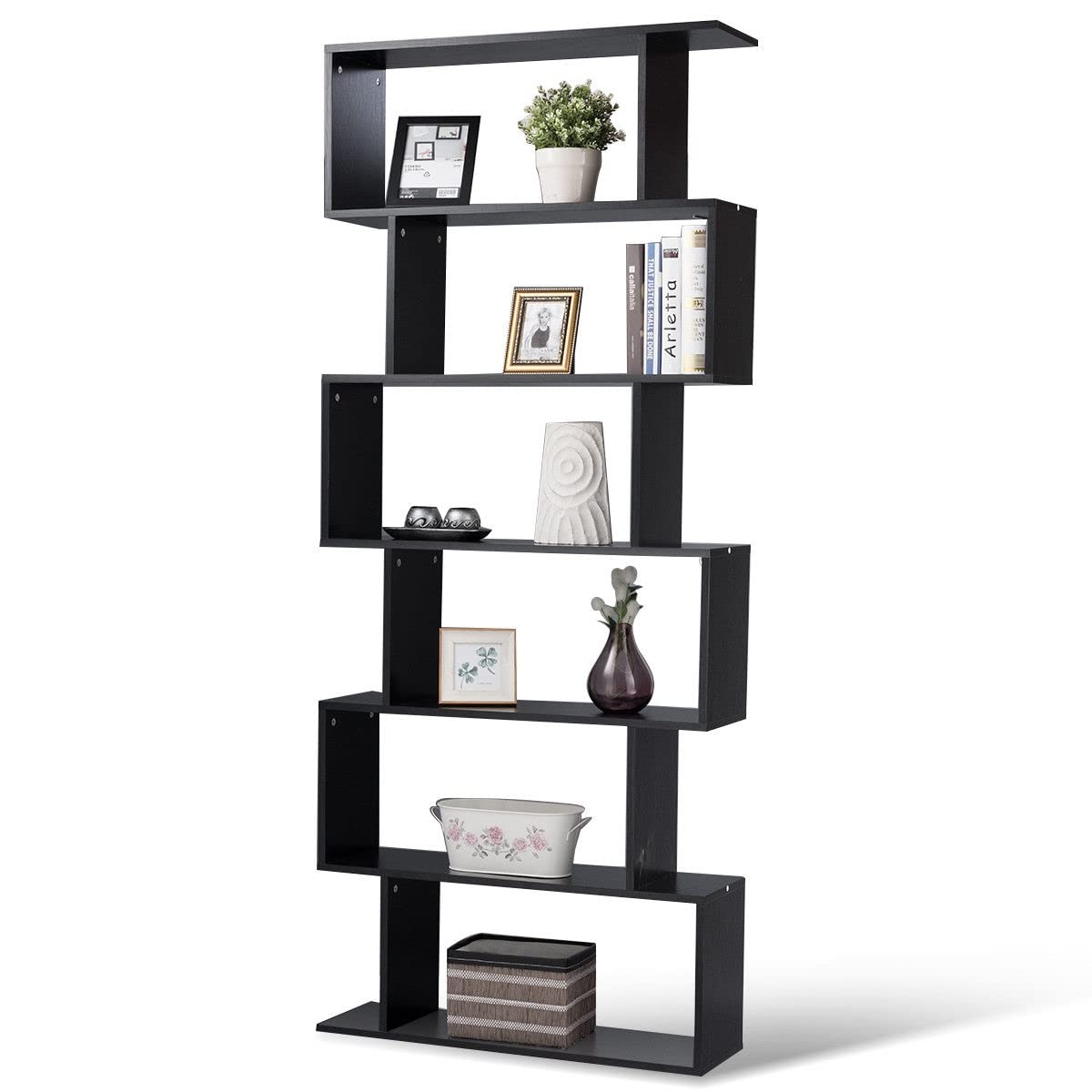 6-Tier S-Shaped Wooden Bookshelf - Freestanding Decorative Storage Shelf & Room Divider for Living Room, Home Office | Z-Shelf Style Bookcase for Display & Organization
