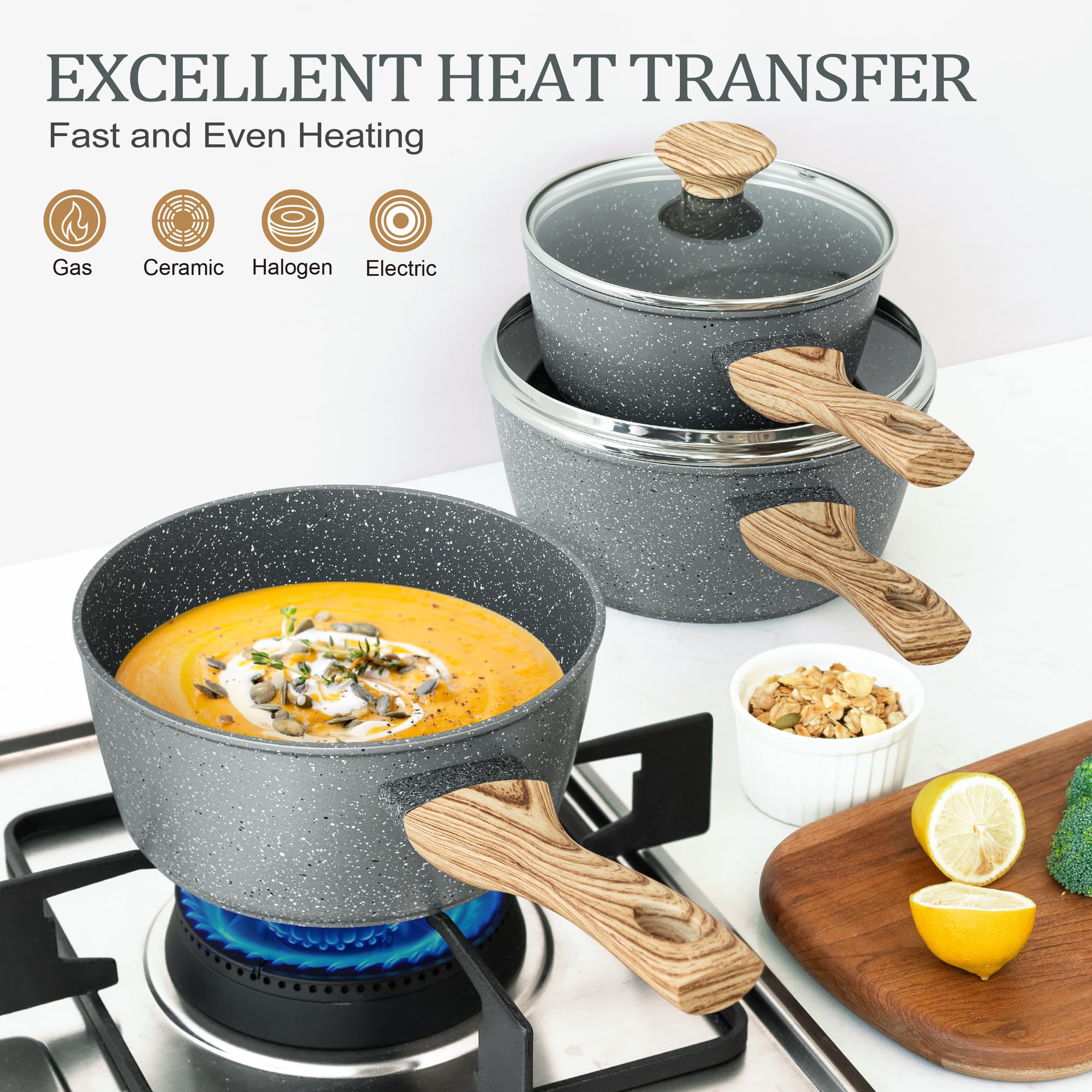 MICHELANGELO Nonstick Sauce Pan Set with Lid - 1.5QT, 2QT & 3QT Granite Coated Cookware (3-Piece, Gray) - Perfect for Cooking Sauces, Soups, Stews & Pasta | Stovetop & Oven Safe