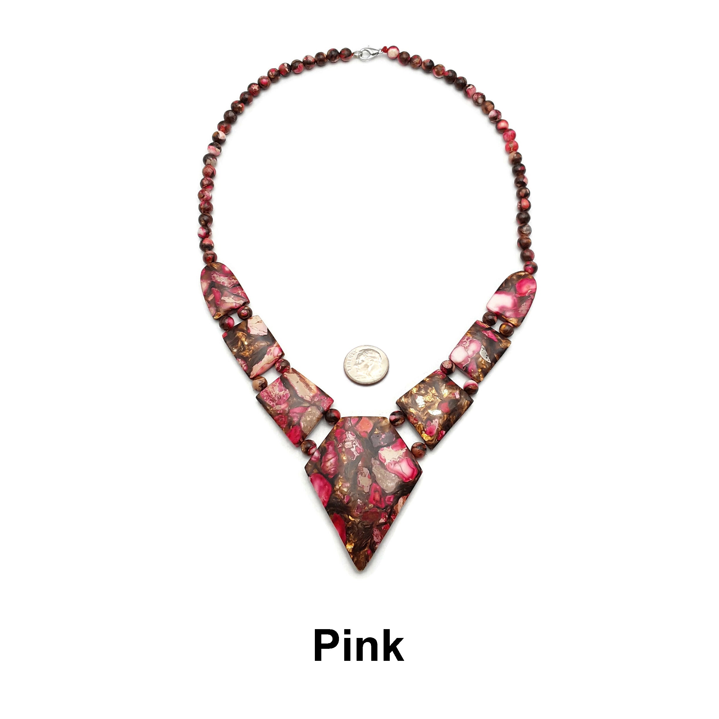 Bronzite Blue Pink Purple Impression Jasper Diamond Pendant Necklace - 19 Inch Adjustable Chain for Women - Perfect for Gifts, Weddings & Special Occasions
