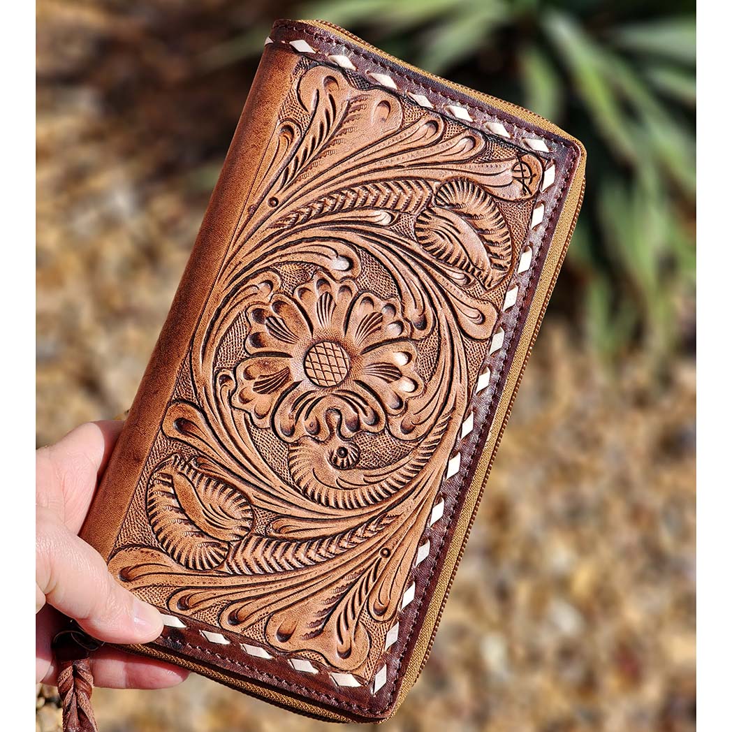 Handcrafted American Darling Tooled Leather & Buck Stitch Wallet for Men - Vintage Bifold Wallet with Money Clip, Perfect for Everyday Carry, Gifts & Western Style Fashion