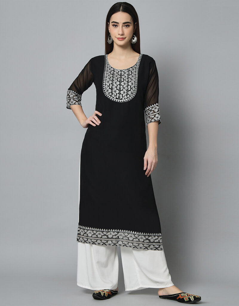 Black Georgette Palazzo Straight Pants for Women - Elegant Wide Leg Trousers for Office, Party & Casual Wear